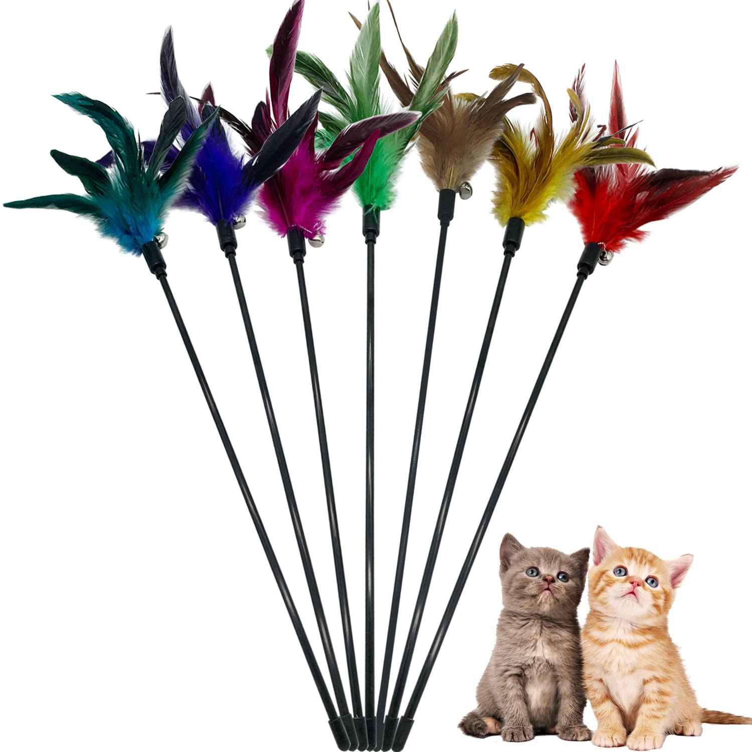 Cateness Cat Wand Toy Feather Stick Cat Toys, 7 Pieces Interactive Cat Toy Feathers Wand For Indoor Cats