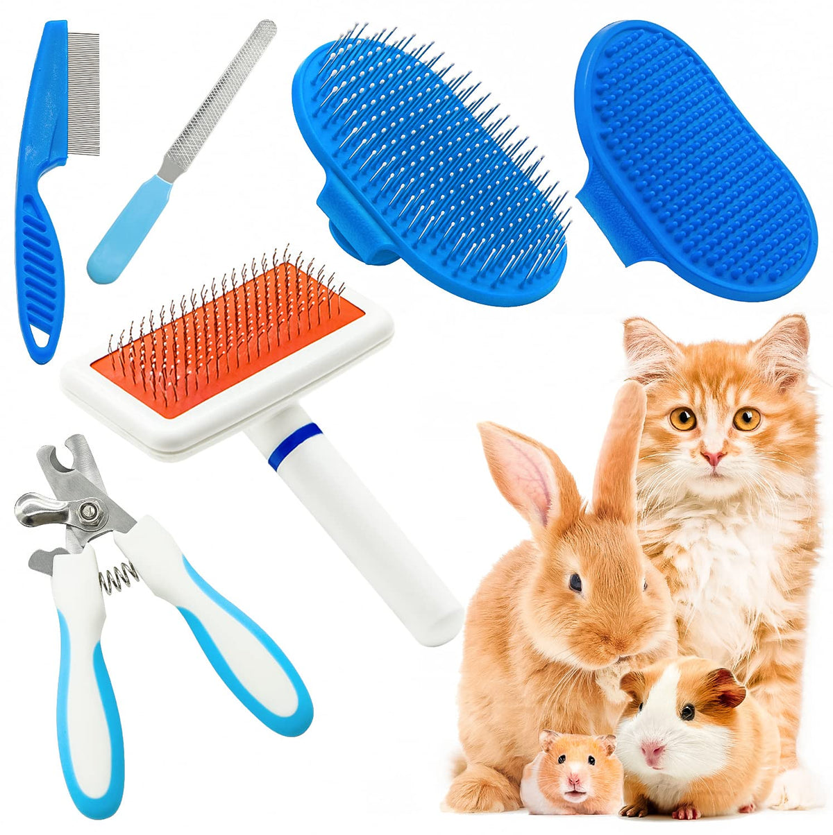 Rabbit Grooming Kit With Slicker Rabbit Brush Bath Massage Glove Brush Pet Shedding Comb Nail Clipper Trimmer 6 Piece Set For Bu