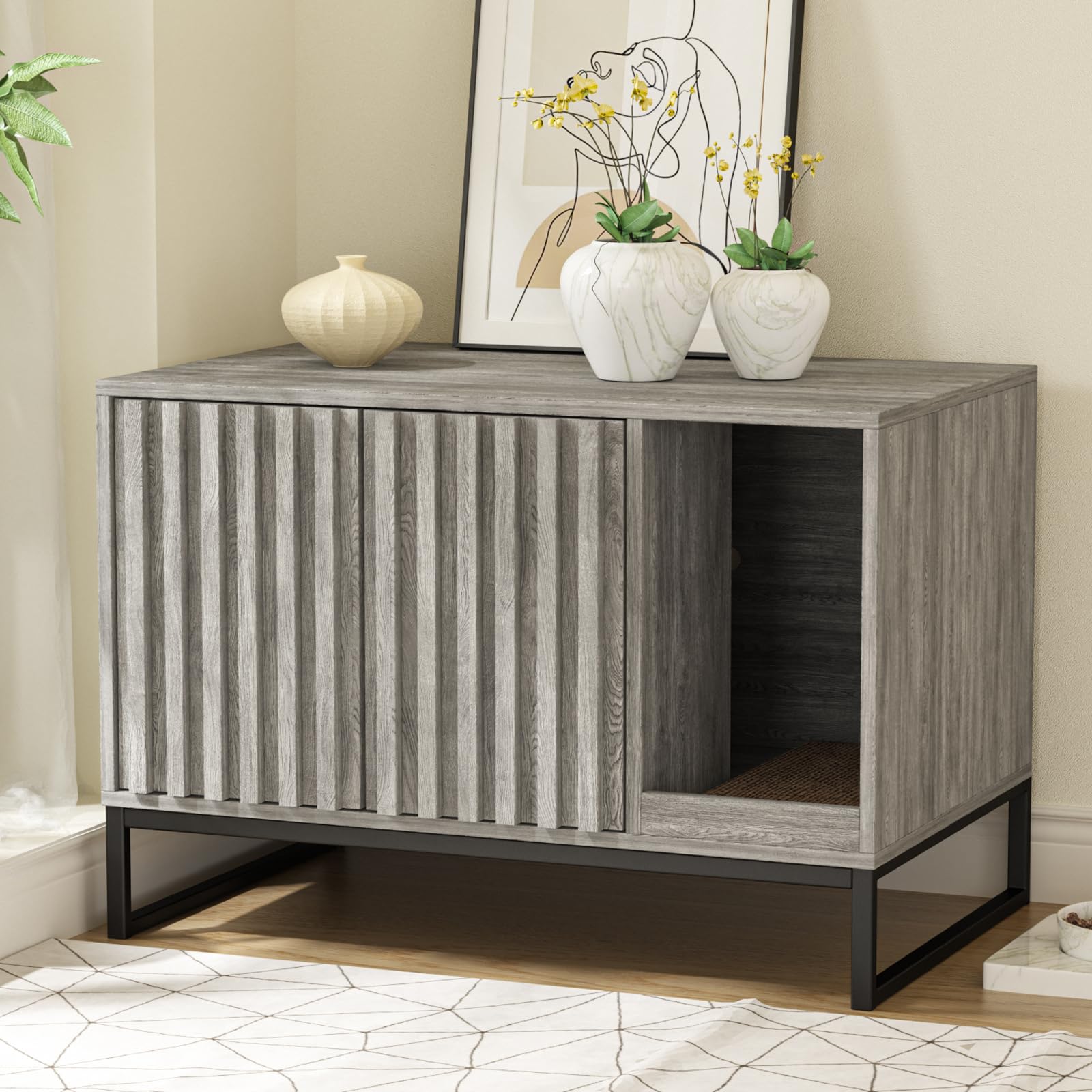 Halitaa Litter Box Enclosure, Modern Cat Litter Box Enclosure Furniture Hidden Litter Box With Cat Scratch Pad, Cat Washroom Cat