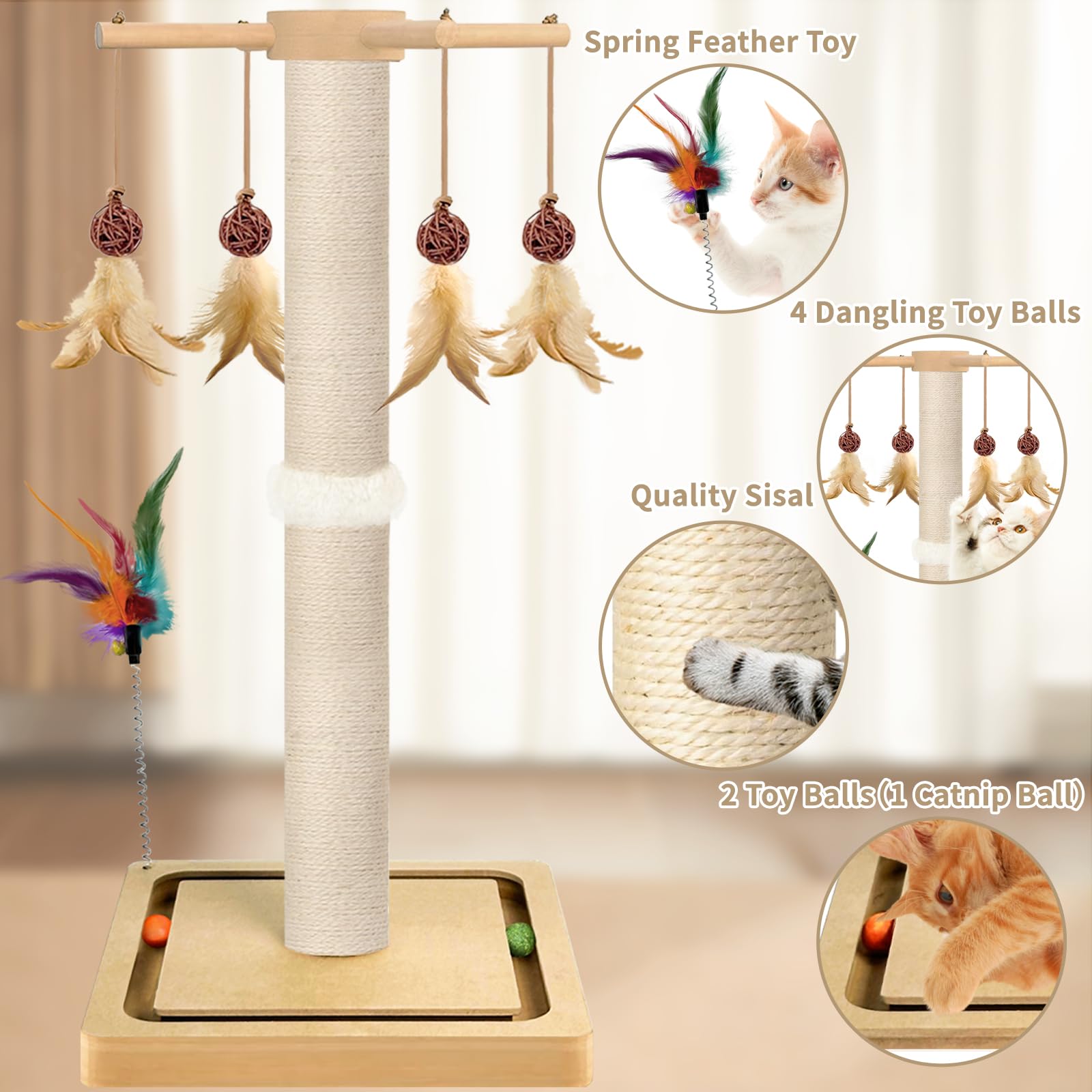 Tall Cat Scratching Post, Sisal, 33 Inches, Large Scratcher Tree Tower For Indoor Cats Adults With Hanging And Ball Track, 2 Mou