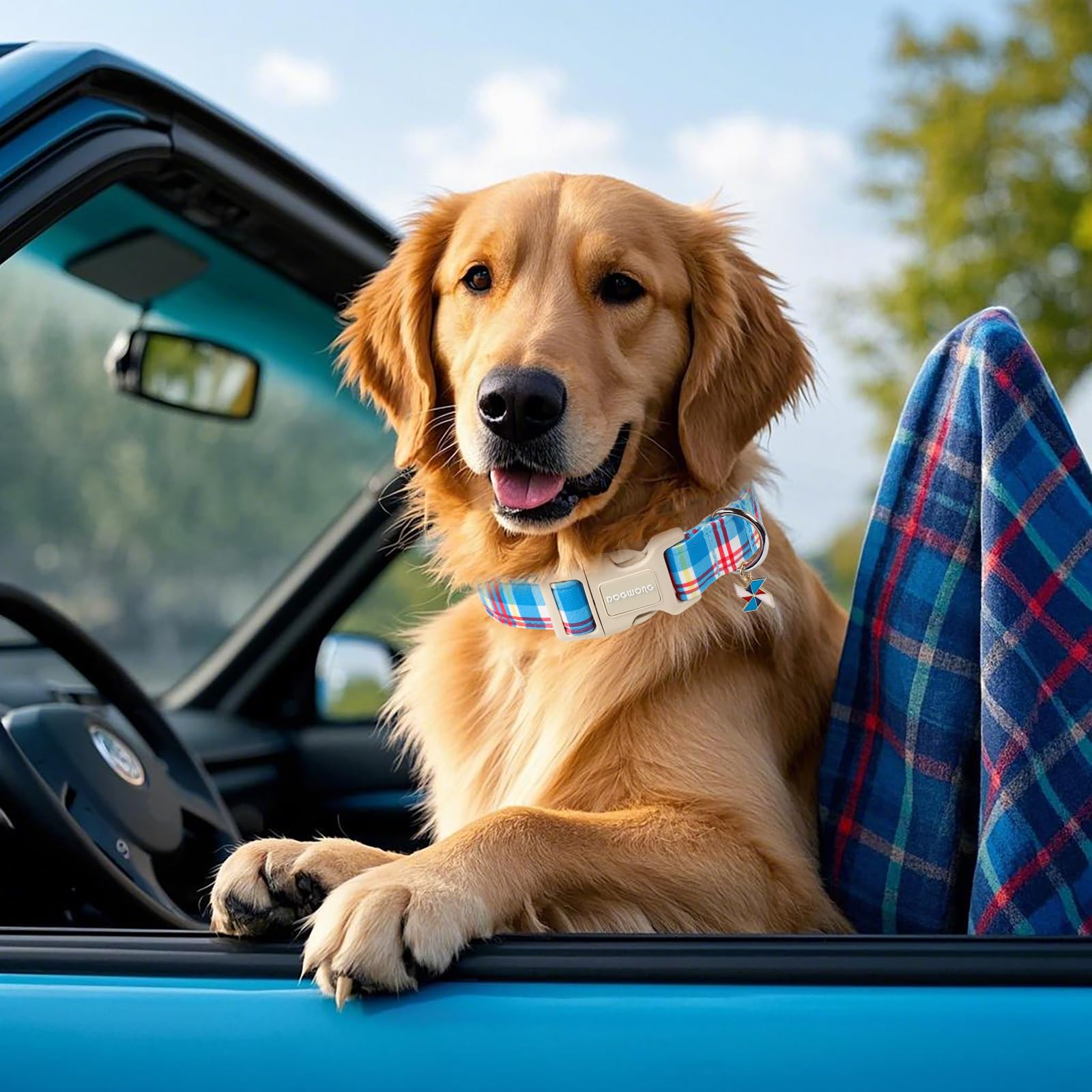Dogwong Blue Plaid Dog Collar- Cute Checkered Dog Collars Adjustable Designer Blue Puppy Dog Collar For Small Medium Large Dogs