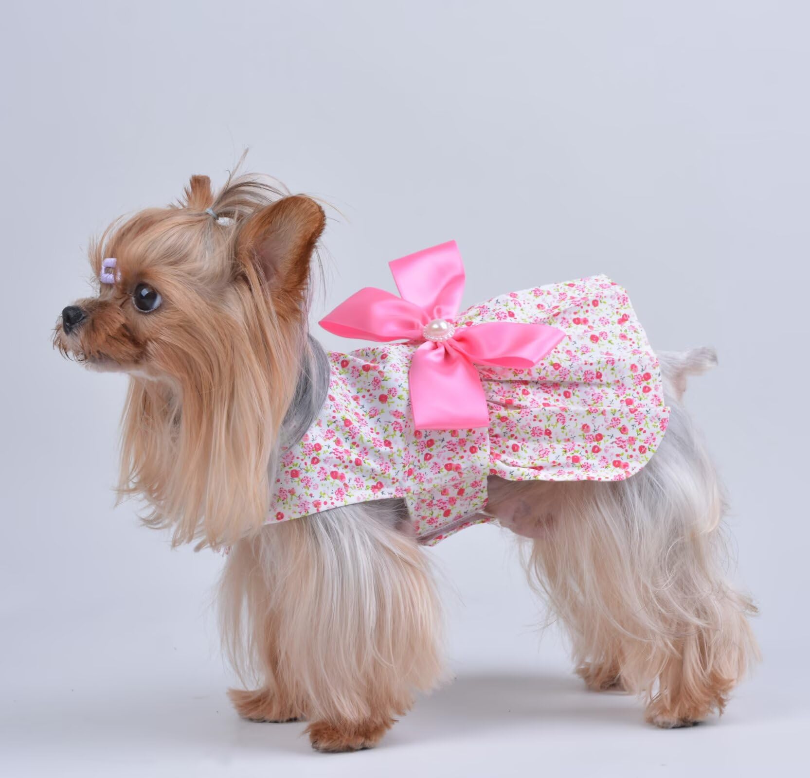 Msnfoasm Floral Print Dog Dress With Satin Bow And Pearl For Small Dogs Girl, Cat Apparel,Pink, X-Small