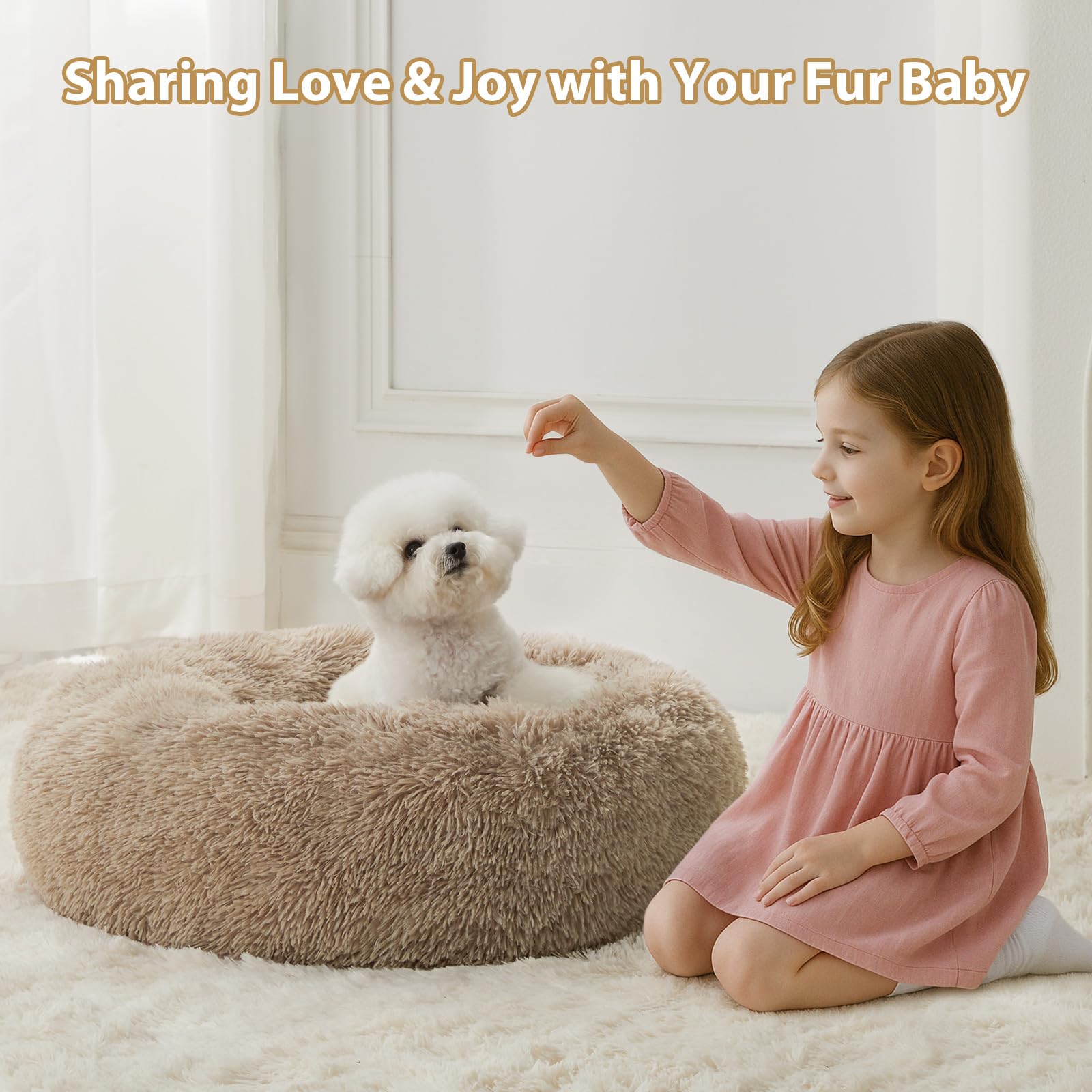 WNPETHOME Calming Dog Bed & Cat Bed,Small Dog Bed Donut Design Faux Fur Anti-Anxiety Dogs Beds,Fluffy Pet Cushion Pet Beds for S
