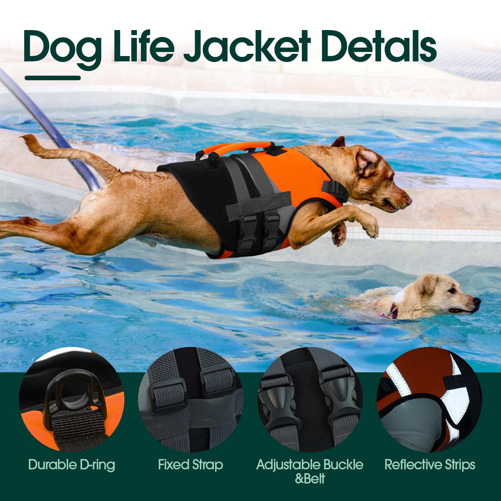 Kuoser Dog Life Jacket, High Flotation Dog Life Vest For Swimming Boating, Reflective Dogs Swimsuit Lifejacke With Double Rescue
