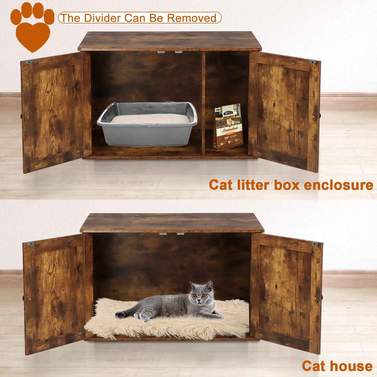 Timberer Cat Litter Box Enclosure, Litter Box Furniture Hidden With Removable Divider, Wooden Cat Washroom Furniture, Indoor Cat