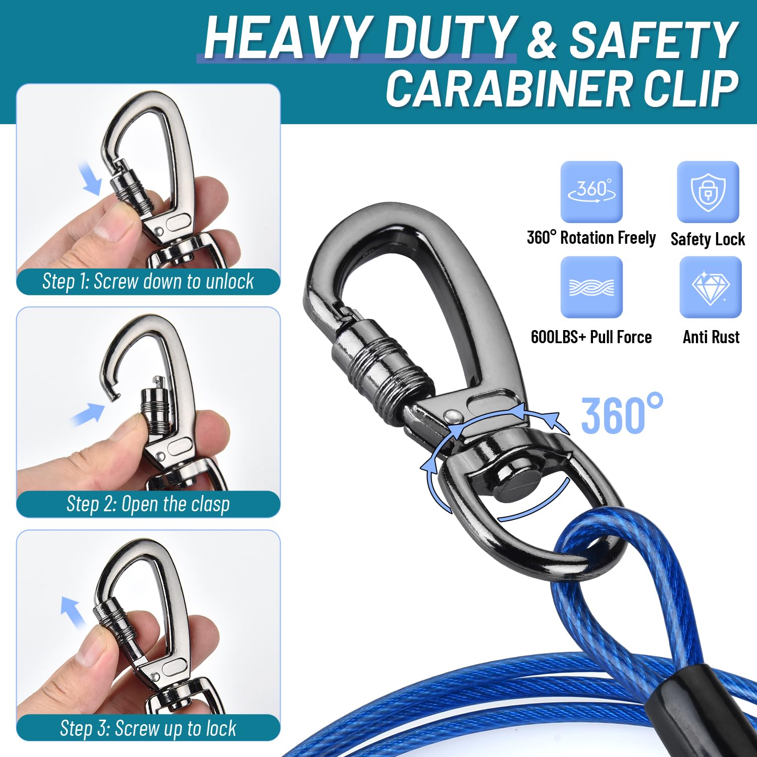 Dog Runner For Yard, Heavy Duty 50Ft Dog Runs For Outside With 10Ft Tie Out Cable, Trolley System Zipline For Large Dogs Up To 2