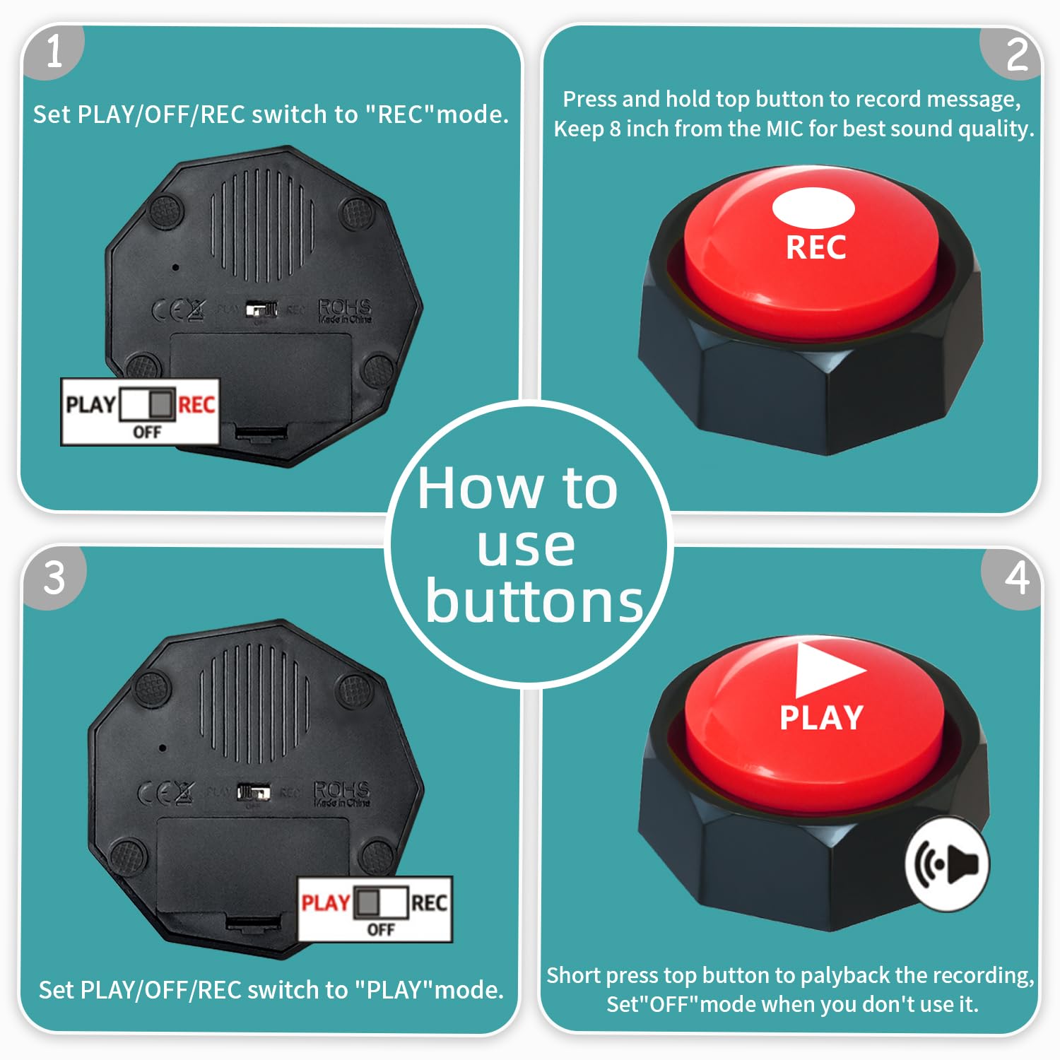 Ribosy Set Of 6 Dog Buttons, Recordable Button, Dog Training Buzzer With 50 Stickers, Record Playback Your Own Message To Teach Your Dogs Voice What They Want