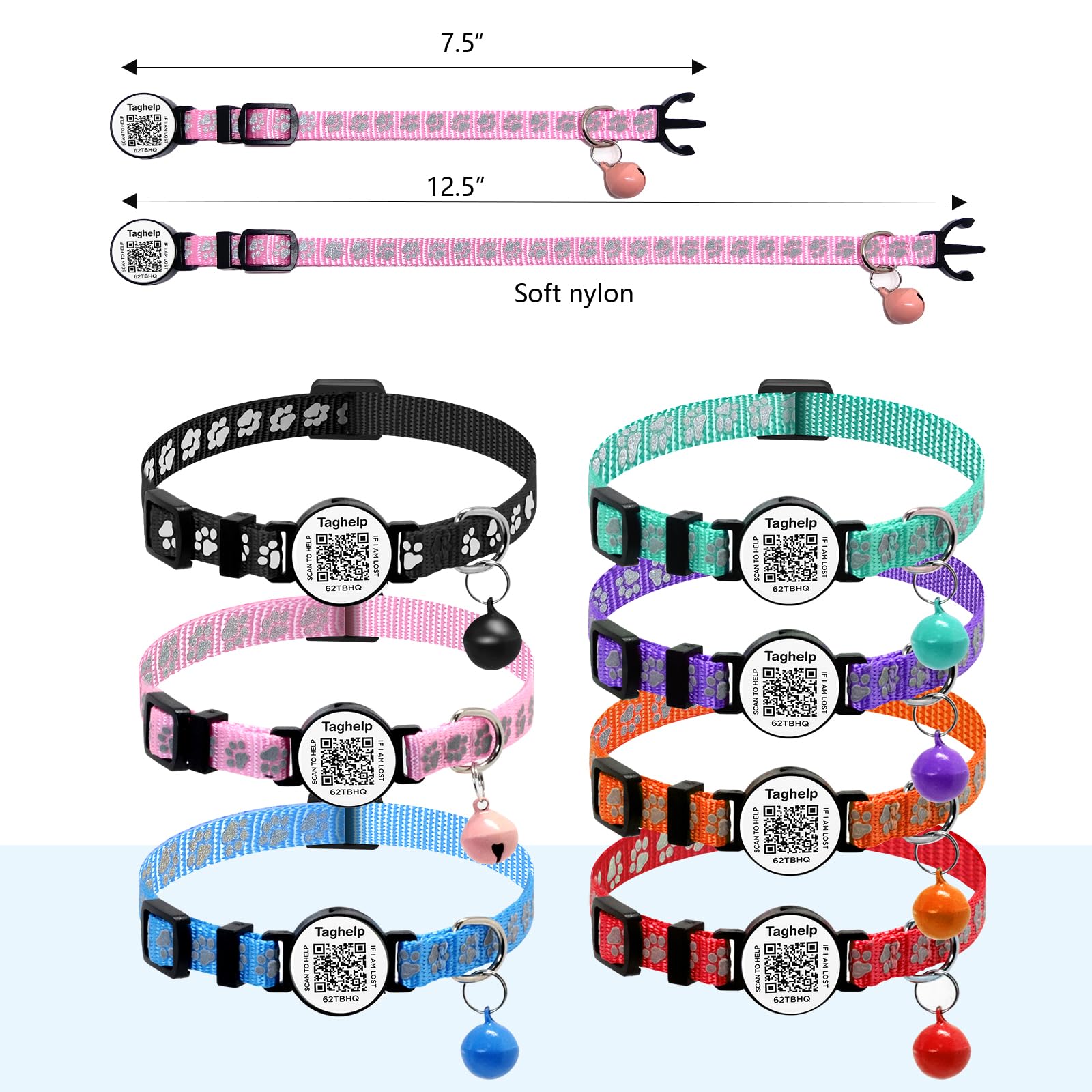 Taghelp Reflective Cat Collar Breakaway With Bells & Smart Id Qr Code Name Tag, 2 Pack Girl Boy Pet Cat Collar Adjustable 7.5-12