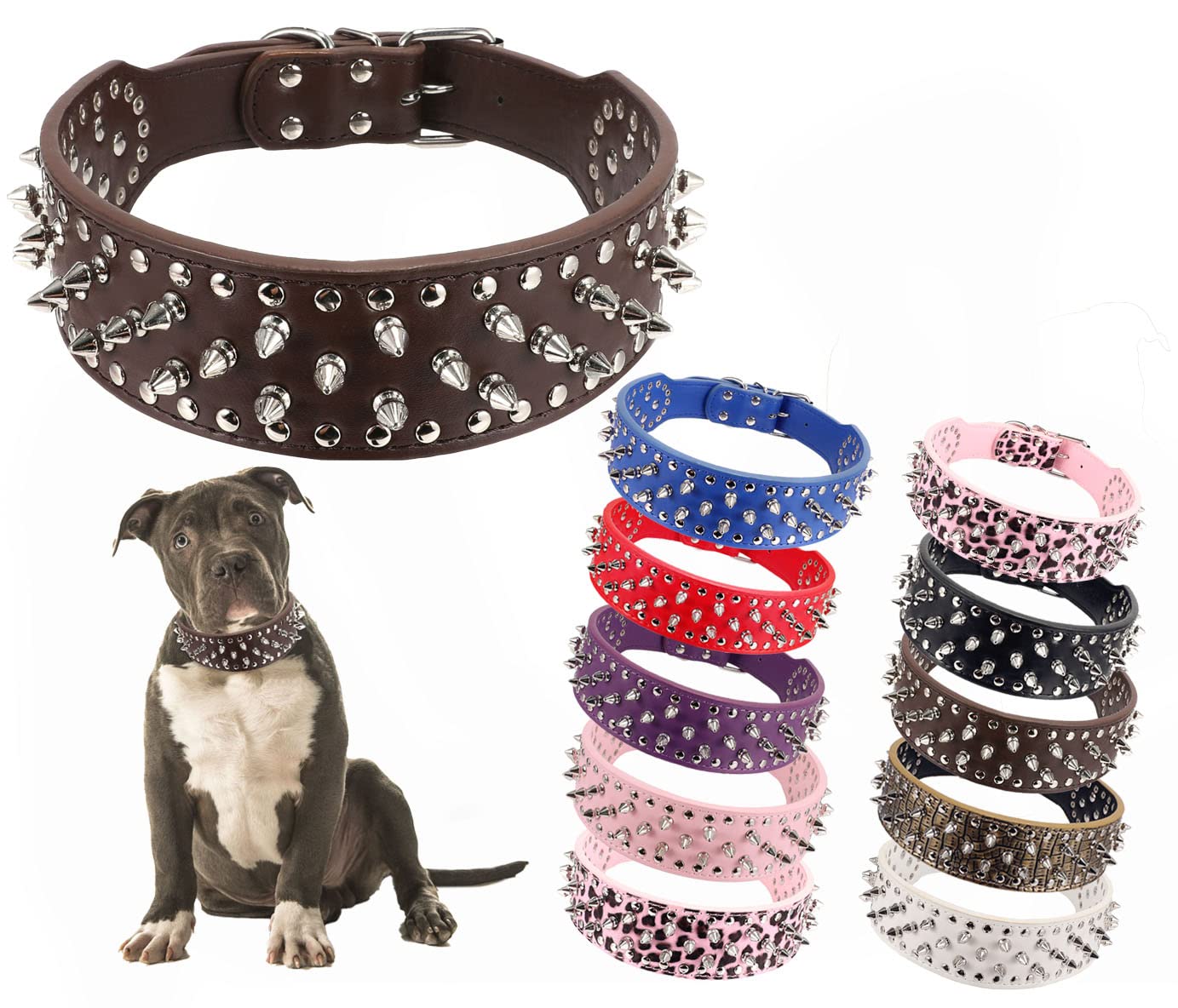 Hoot PU Leather Adjustable Spiked Studded Dog collar 2 Wide 37 Spikes (M(Neck 19-22), Dark Brown)