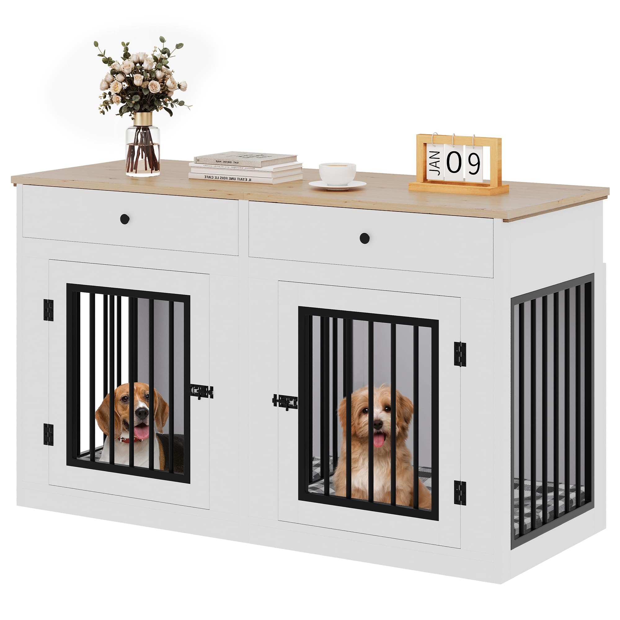YITAHOME 60 Wooden Dog Crate Furniture with Removable Divider & Storage Drawers, Double Door Kennel with Locks for Medium and La