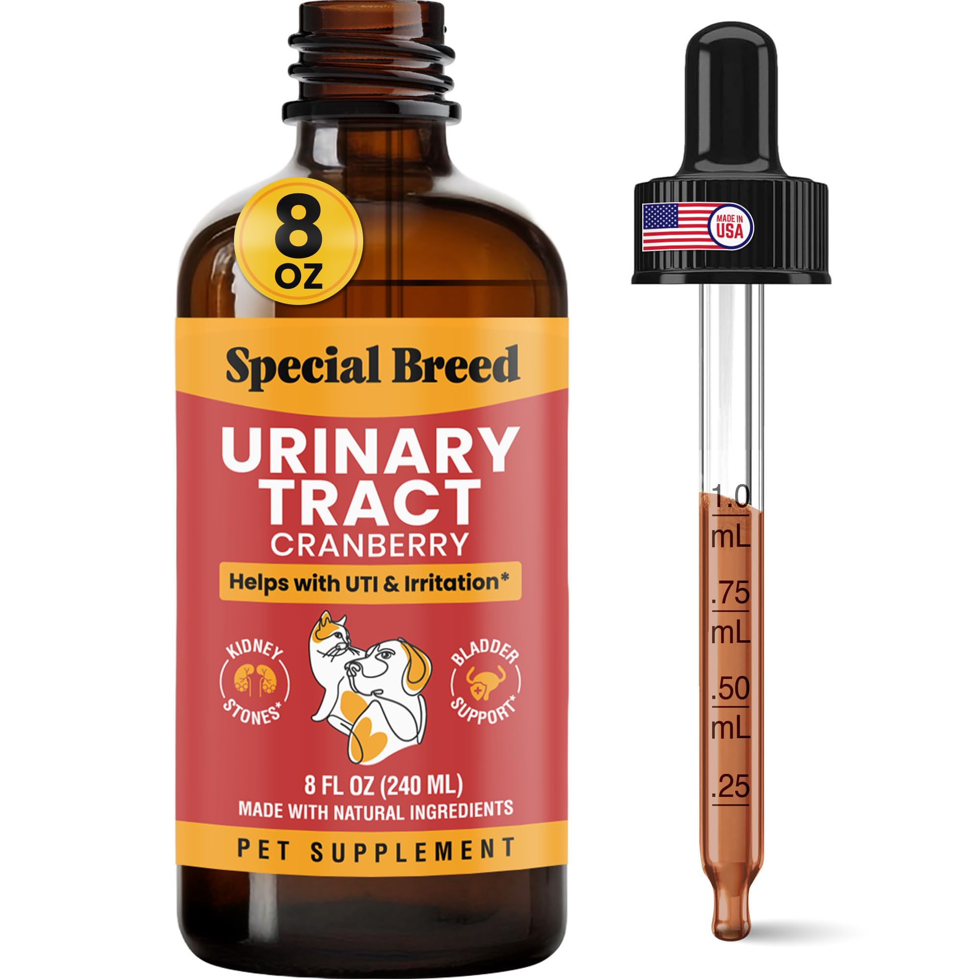 8 Ounce Urinary Tract Infection Treatment for Cats and Dogs - Graduated Dropper (1/4 ML increments up to 1 ML) Cranberry UTI Sup