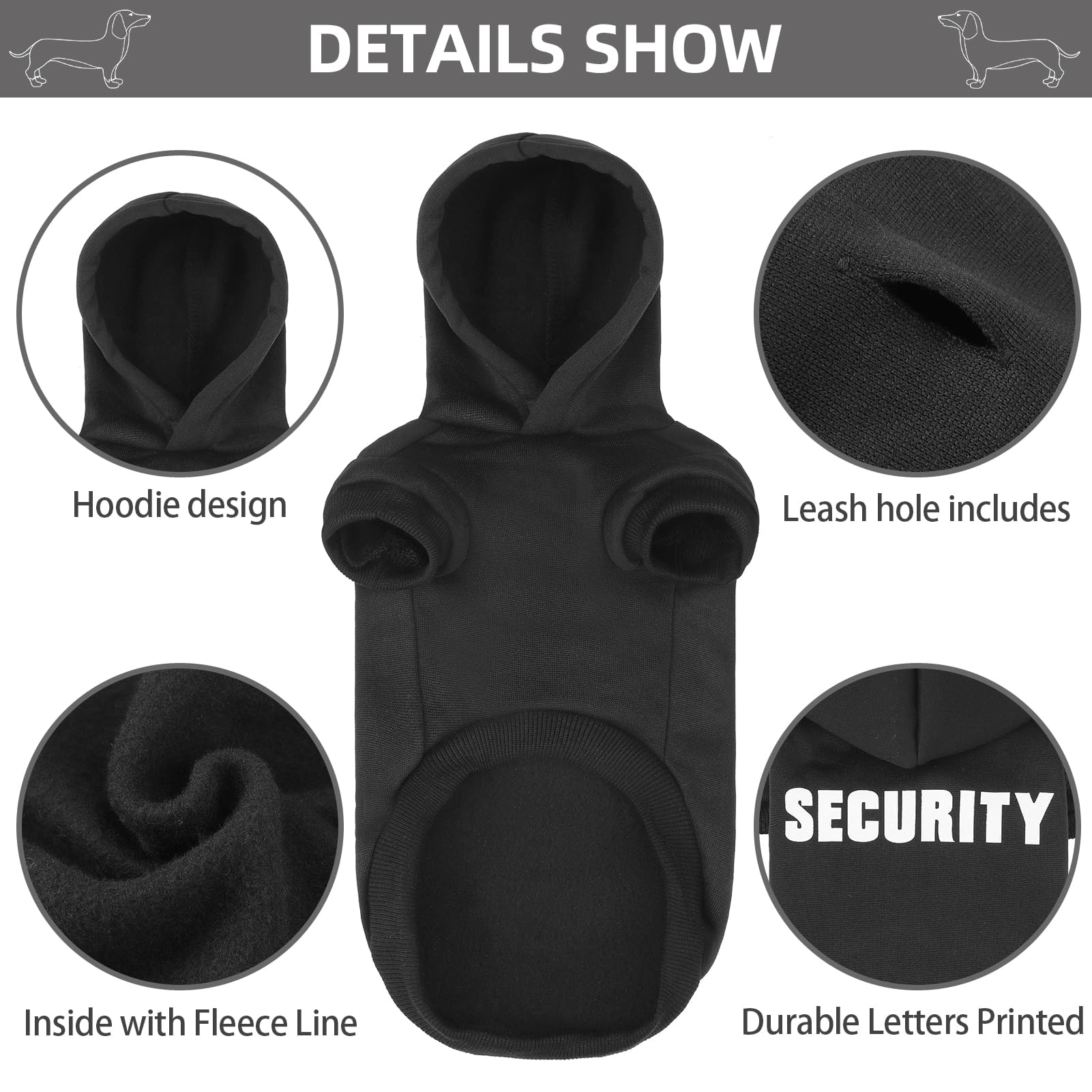 BINGPET Security Dog Hoodie - X-Large Dachshund Sweater, Soft Brushed Fleece, Black