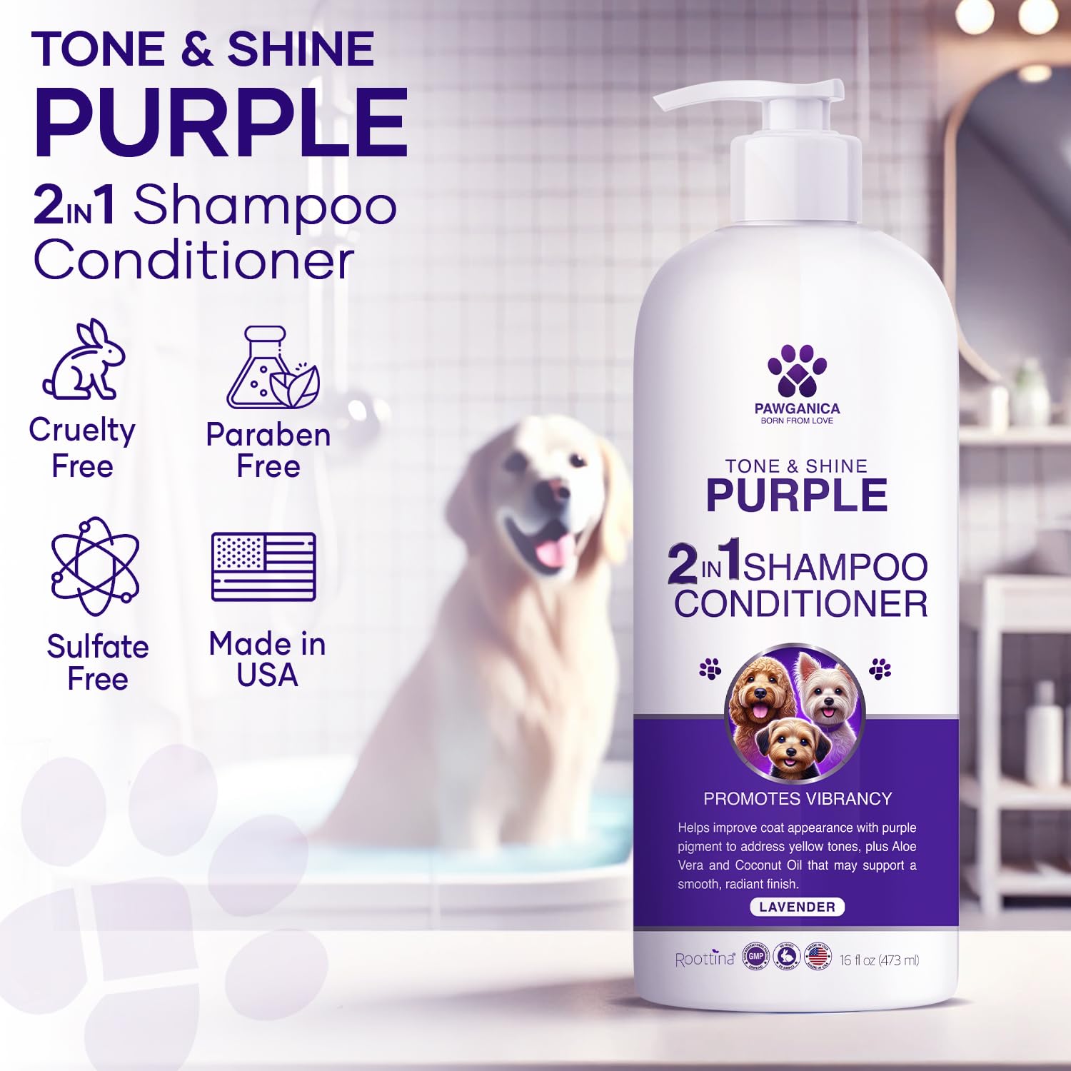 Pawganica 2-In-1 Purple Shampoo For Dogs, Supports Coat Whitening & Softness, Ph-Balanced, Fur Whitening Dog Shampoo And Conditi
