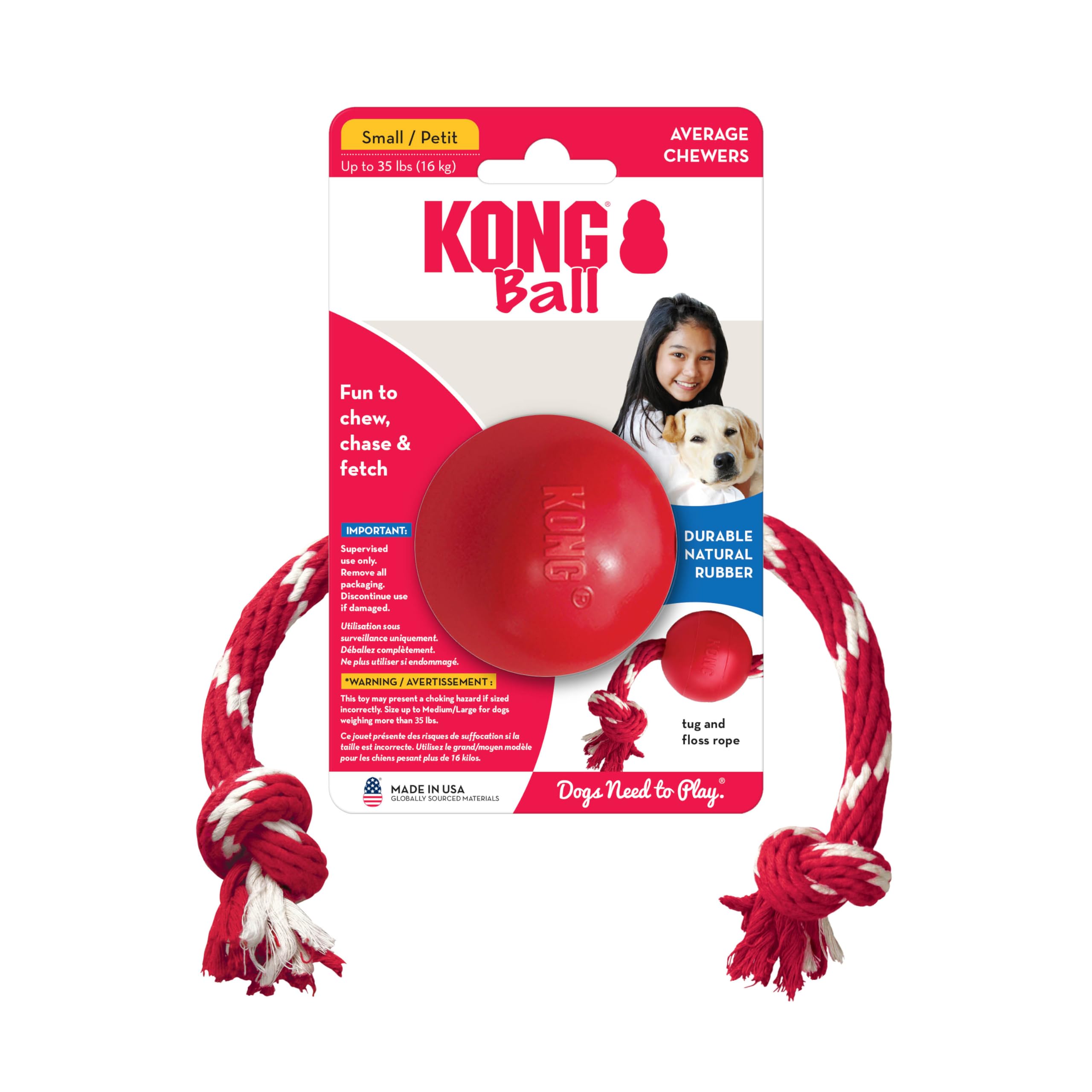 Kong Ball With Rope - Durable Fetch Toy With Rope For Easy Throwing - For Tug, Playtime & More - Natural Rubber - Red - For Small Dogs