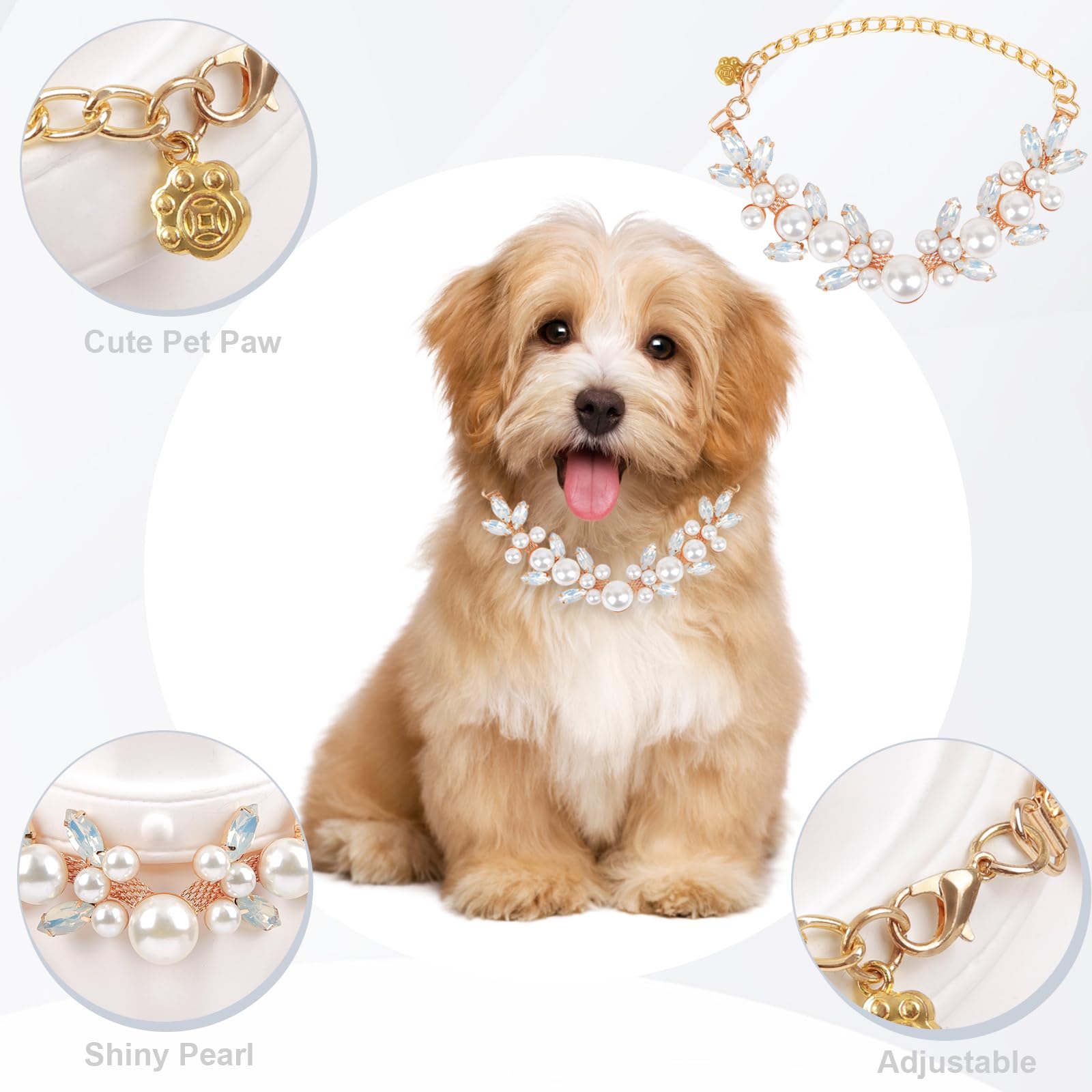 Howwfaly Dog Cat Pearl Collars With Cute Pet Paw Gold Chain Stainless Steel Collars Necklace Adjustable Collar Dog Chain Cat Whi