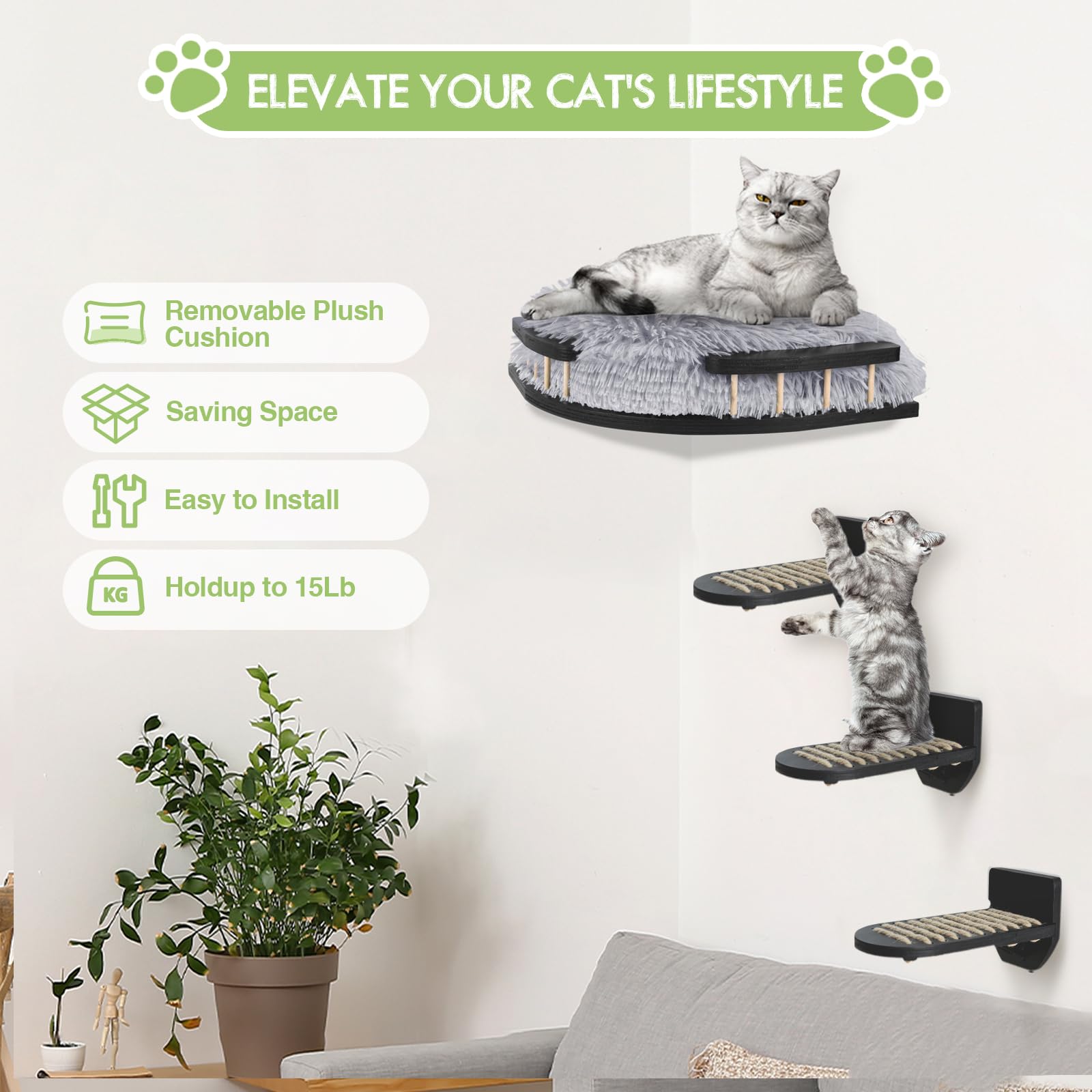 Cat Wall Furniture Set With Plush Cushion, Cat Hammock Cat Wall Shelves With 3 Cat Wall Steps, Cat Shelves And Perches For Wall