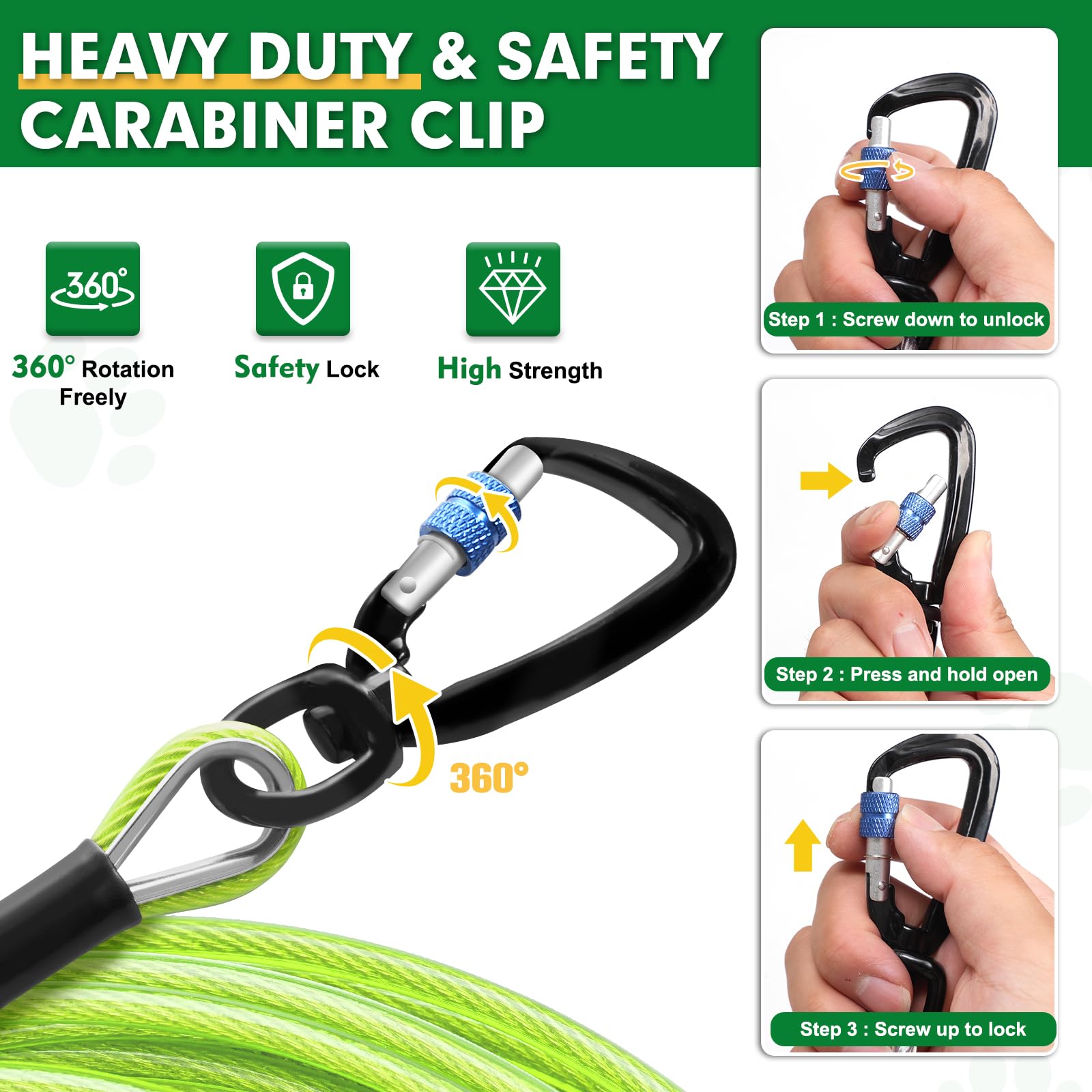 Snagle Paw Dog Leads For Yard 70Ft-1000Lbs Break Strength,Heavy Duty Tie Out Cable For Dogs With Swivel Lockable Hook & Spring,C