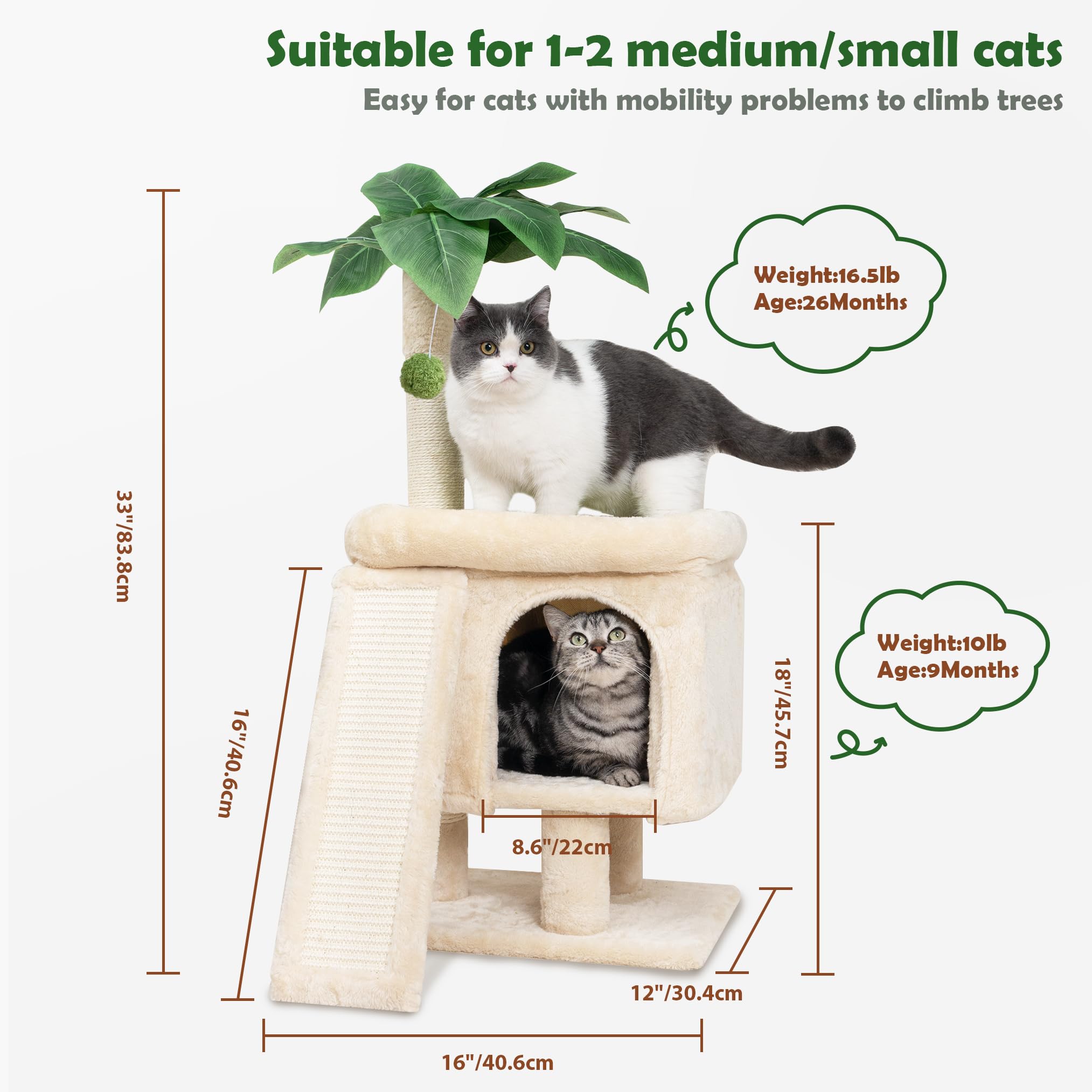 Meowoou Palm Cat Tree Tower For Indoor Cats With Cozy Cat Condo, 33' Natural Sisal Scratching Posts And Plush Pom-Pom For Small