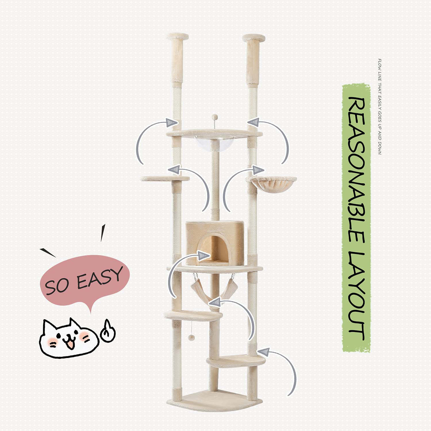 Pequlti Floor To Ceiling Cat Tree 93.3-100.8 Height Adjustable Wooden Cat Tower Tall Climbing Play House With Scratching Posts,