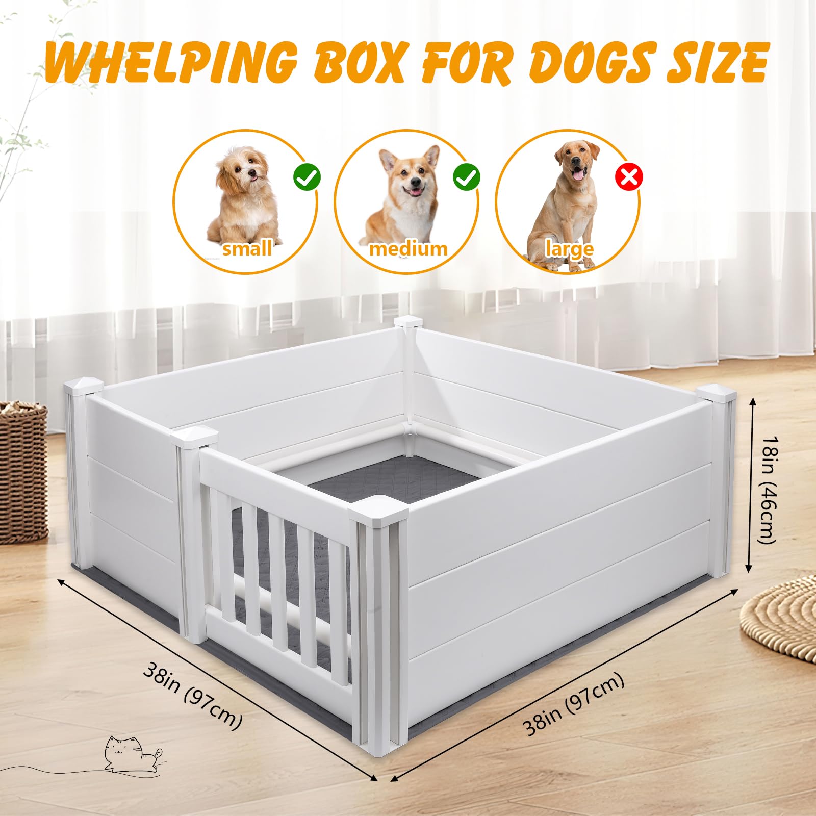 Whelping Box For Dogs And Puppies With Pig Rails And Waterproof Whelping Pad, 38  38  18In Puppies Playpen With Adjustable Heigh