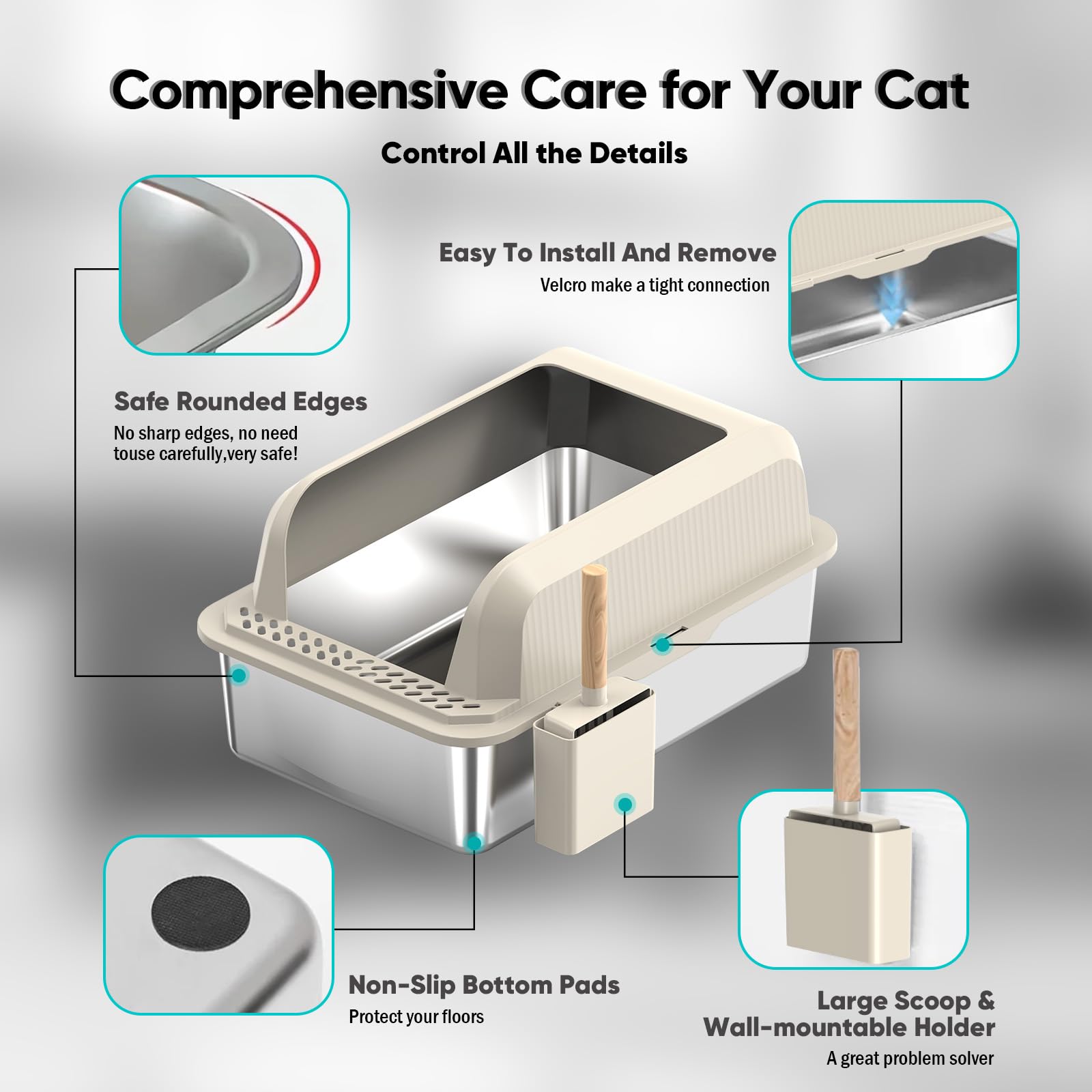 Furkid Stainless Steel Cat Litter Box With Lid, Xl Large Litter Box For Big Cats, Enclosed Kitty Litter Pan With High Sides, Ant
