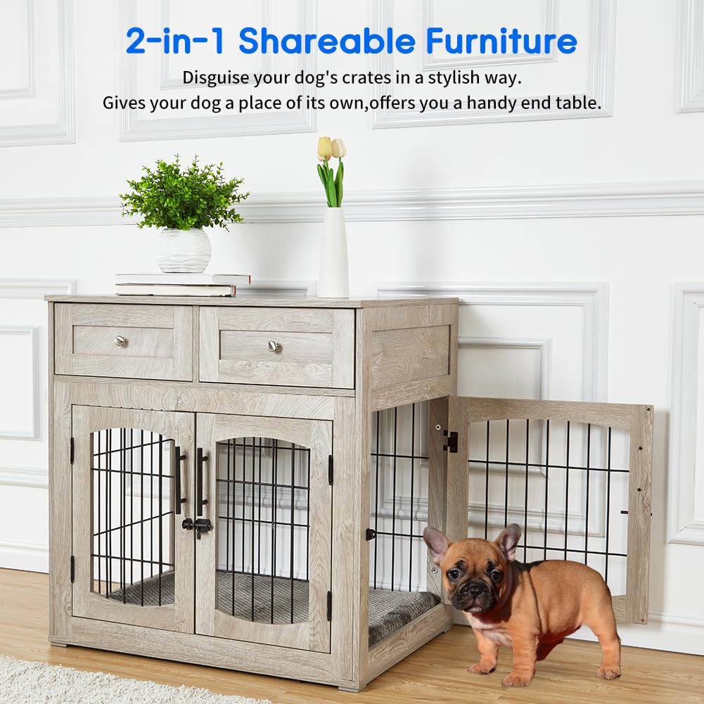 Dog Crate Furniture with Drawers, Wooden Dog Kennel Furniture for Large Breed,End Table Wood Dog House for Indoor Use,Dog Crate