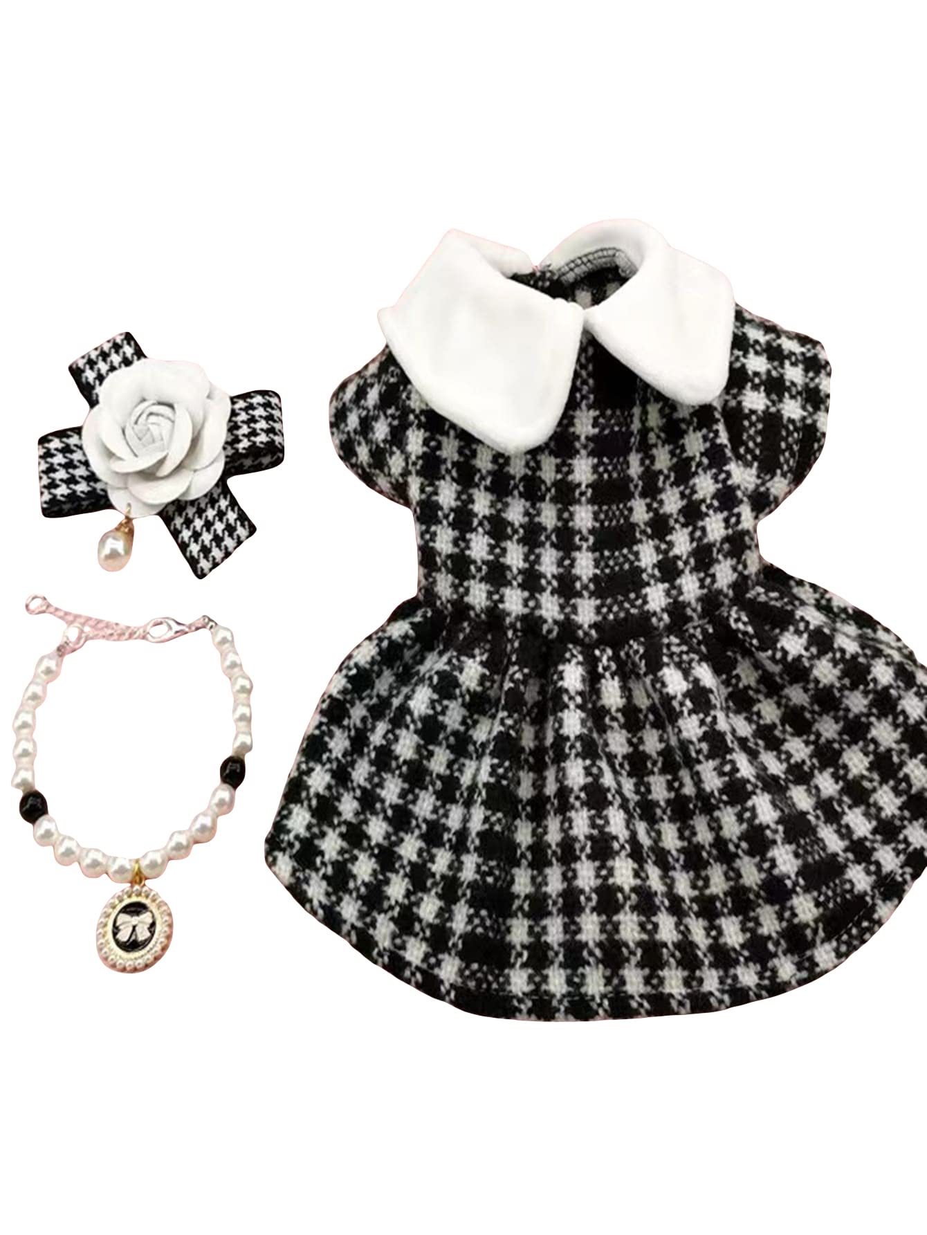 Qwinee 3Pcs Dog Dress & Flower Bow & Necklace Set Geometric Princess Dress With Flower Bow Deco Puppy Skirt With Pearls Jewelry 