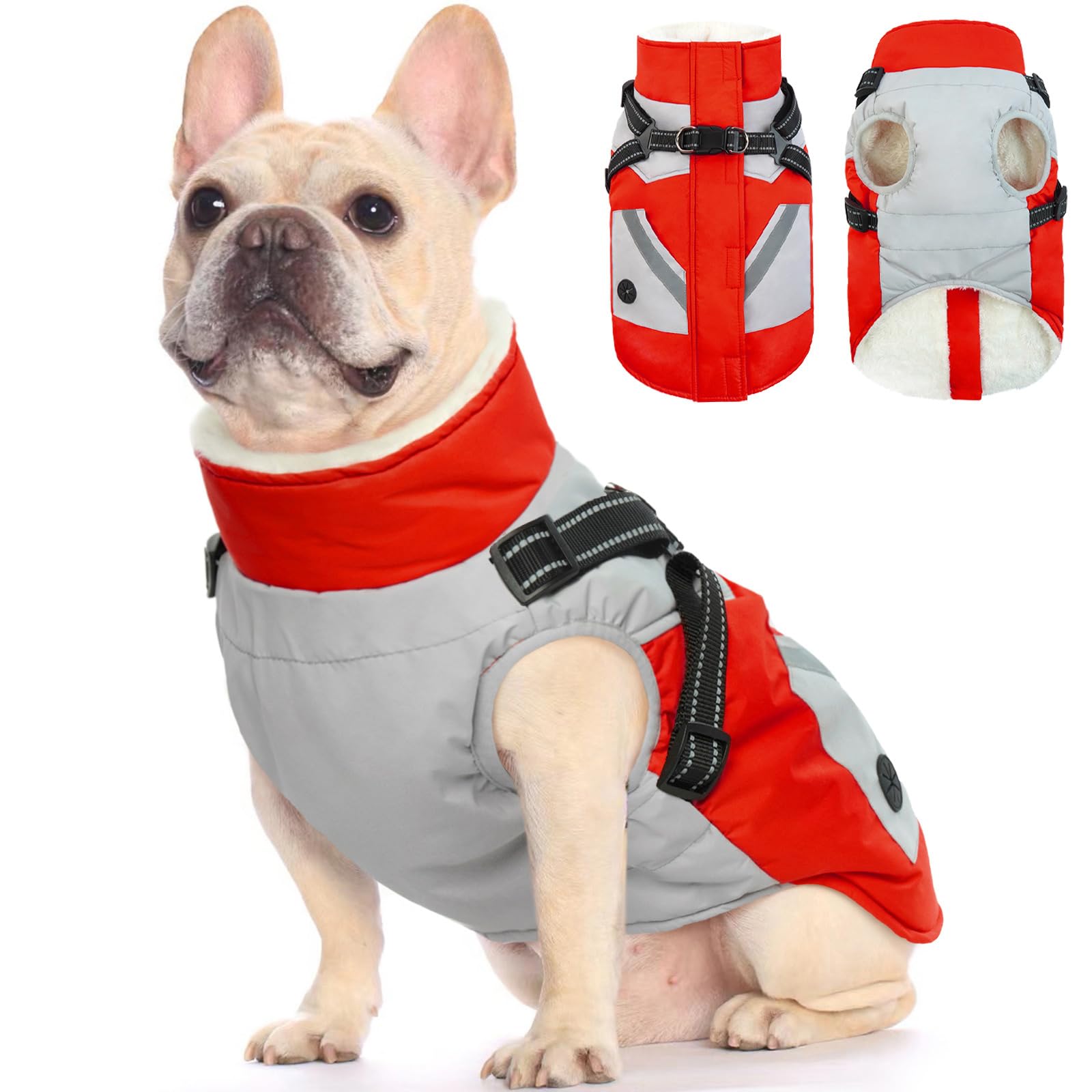 Fuamey Dog Jacket - Waterproof & Reflective, Built-In Harness, Winter Coat With Zipper, Small Dog Size, Red