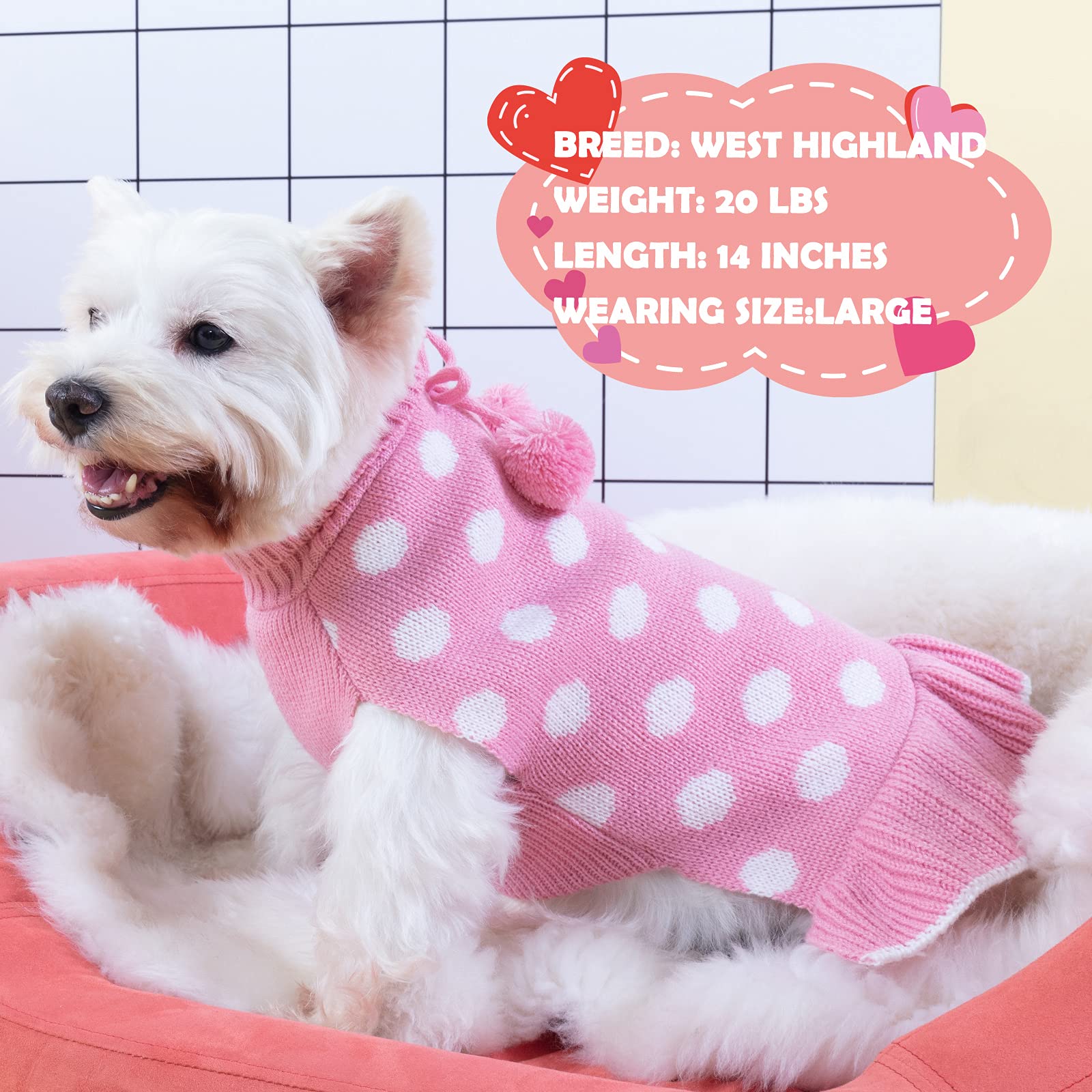 Kyeese Dog Sweater Dress Polka Dot Dog Sweater For Girl Pink With Leash Hole Knit Warm Dogs Clothes With Pom Pom Ball For Fall W