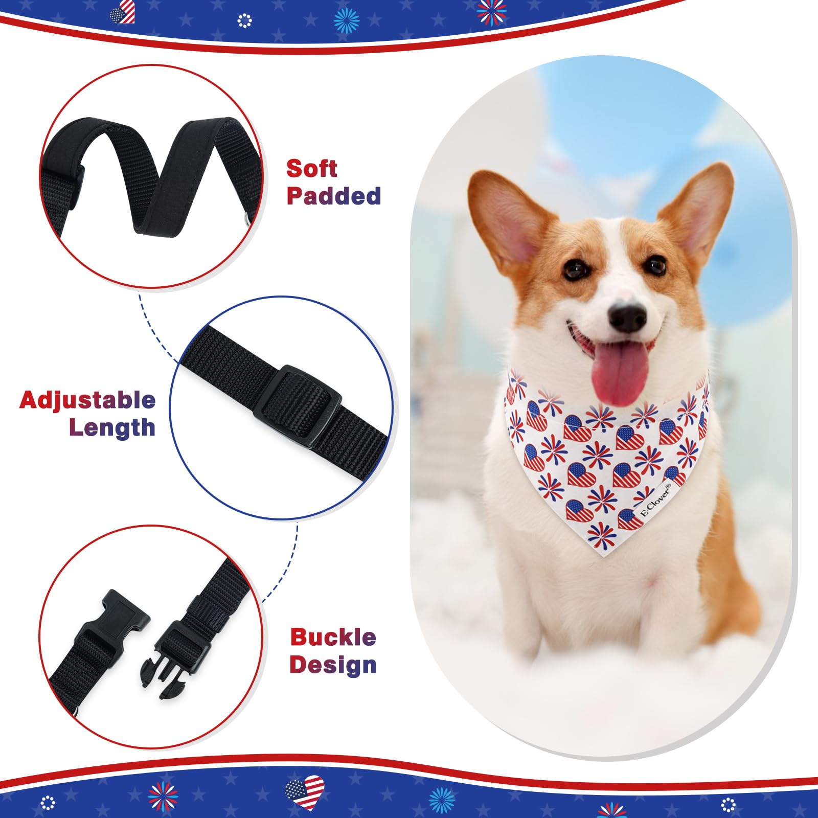 E-Clover 4Th Of July Dog Collar - American Flag Patriotic Dog Collars Bandana & Matching Scrunchie Adjustable Dogs Collars For X