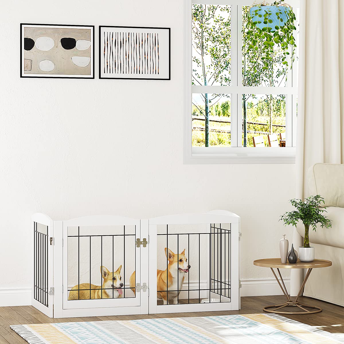 PAWLAND Freestanding Dog Gate with Door, 80" Wide, 24" Tall, White, 4 Panels, Wood Safety Fence for Home, Doorway, Stairs