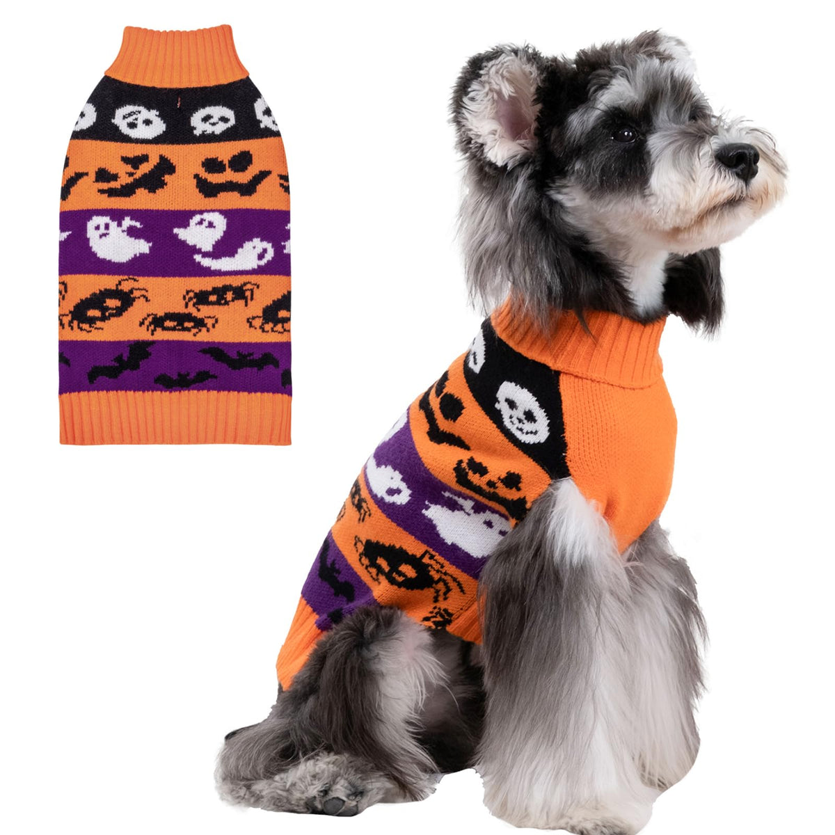 Cutebone Halloween Dog Sweater For Small Dogs Ghost Knit Turtleneck Pet Winter Clothes Cat Apparel With Harness Hole