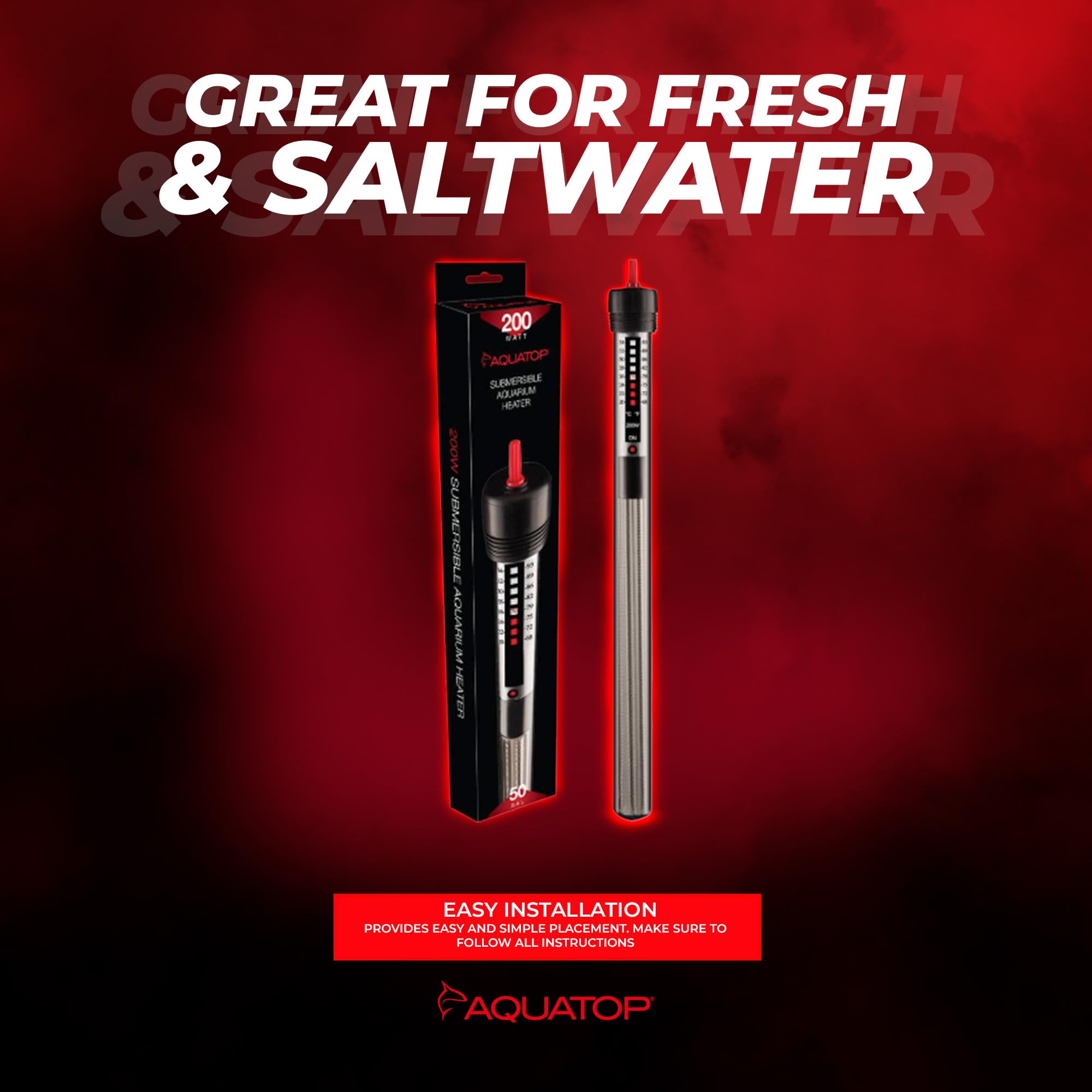 Aquatop 200W Submersible Aquarium Heater, Adjustable Temp for 50 Gallon Tanks, Black, Model GH-200WMKII, Freshwater & Saltwater Use