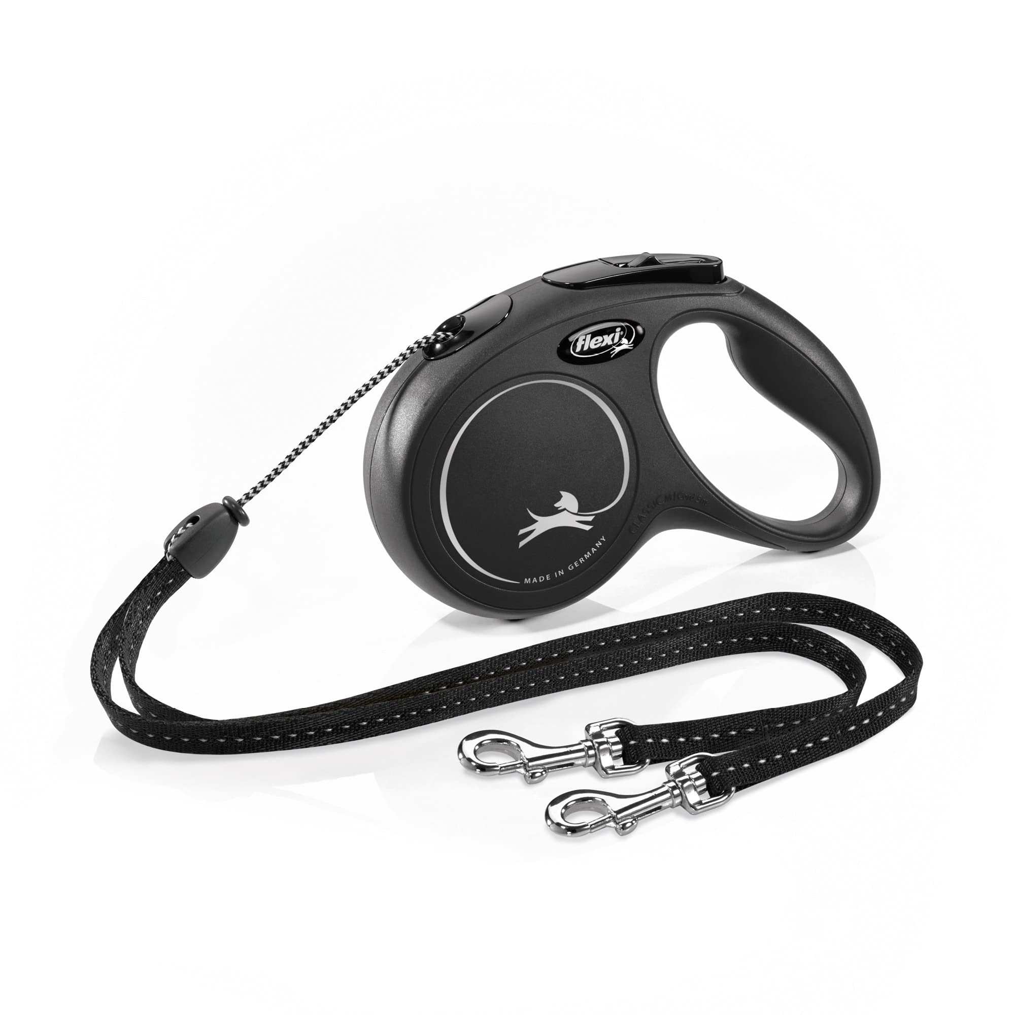 Flexi New Classic Cord Retractable Double Dog Leash For Small Dogs Upto 18 Lbs. – 16 Ft., Black | Tangle Free Pet Walking Leash With One-Handed Brake, Pause, Lock