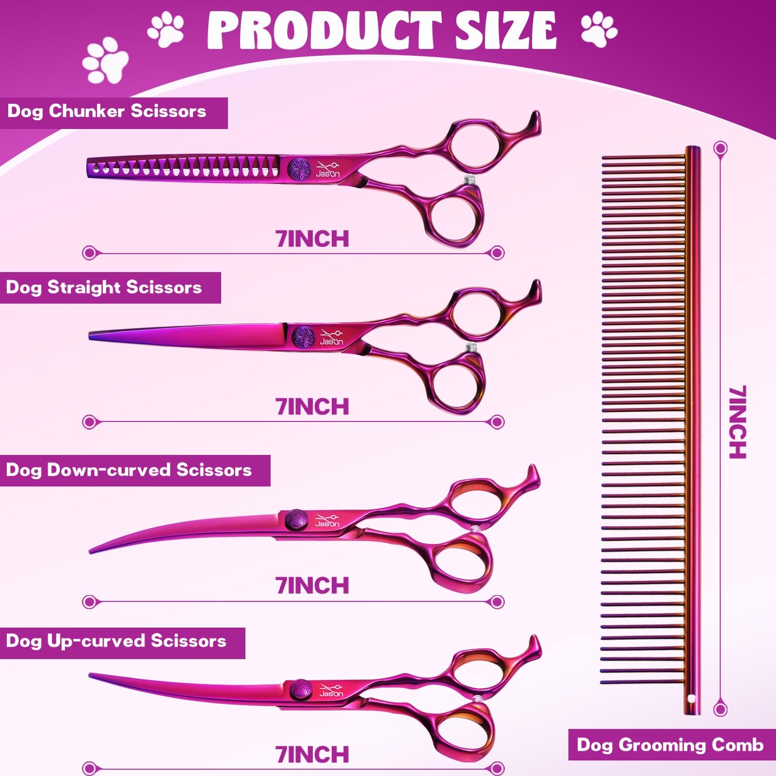Jason Dog Grooming Scissors Set - Professional 6 In 1 Dog Shears Set - 7'' Chunker, 7'' Straight, 7'' Up-Curved, 7'' Down-Curved