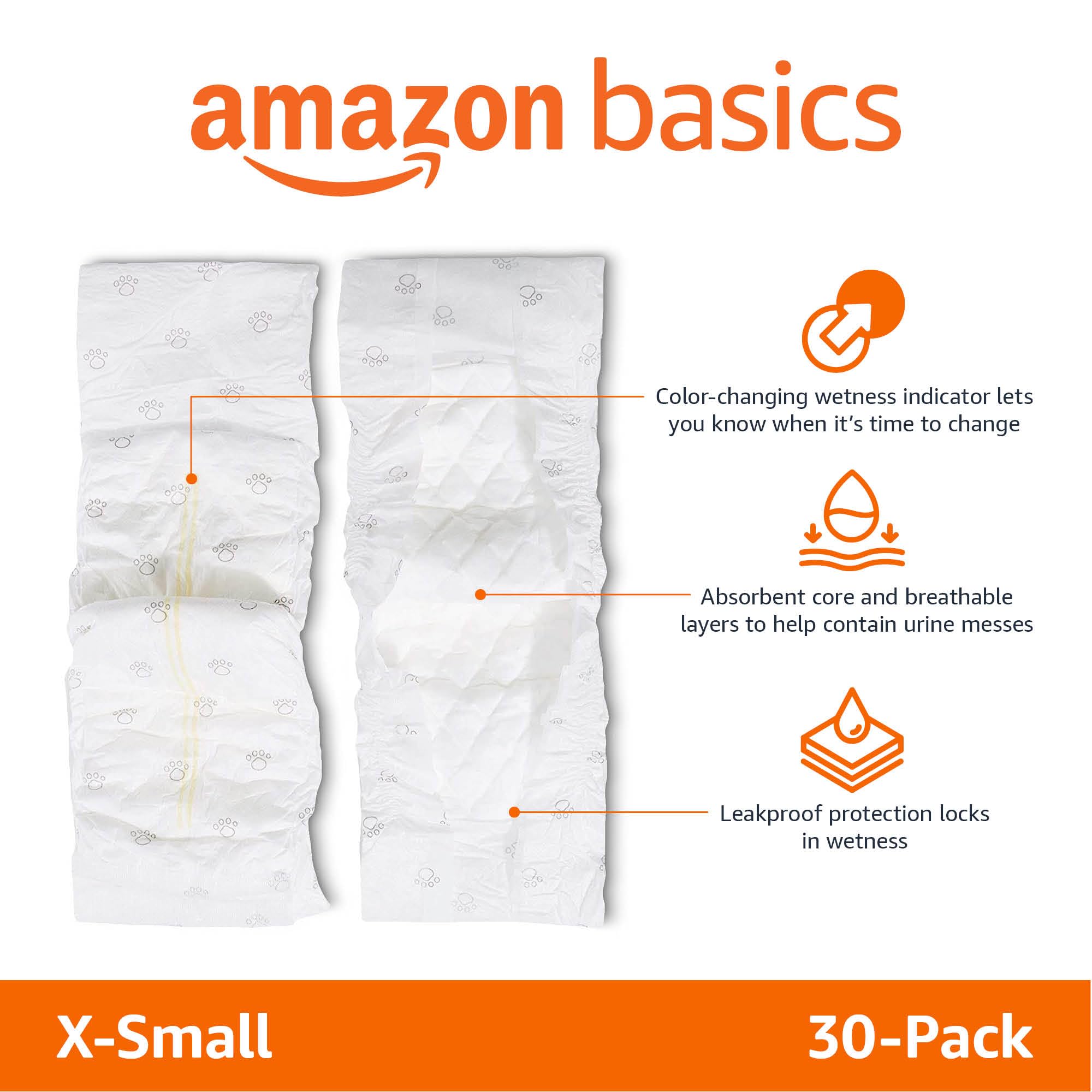 Amazon Basics Male Dog Diapers, 30 Count, X-Small, Ultra Absorbent Disposable Wrap With Secure Fit, Leakproof And Comfortable