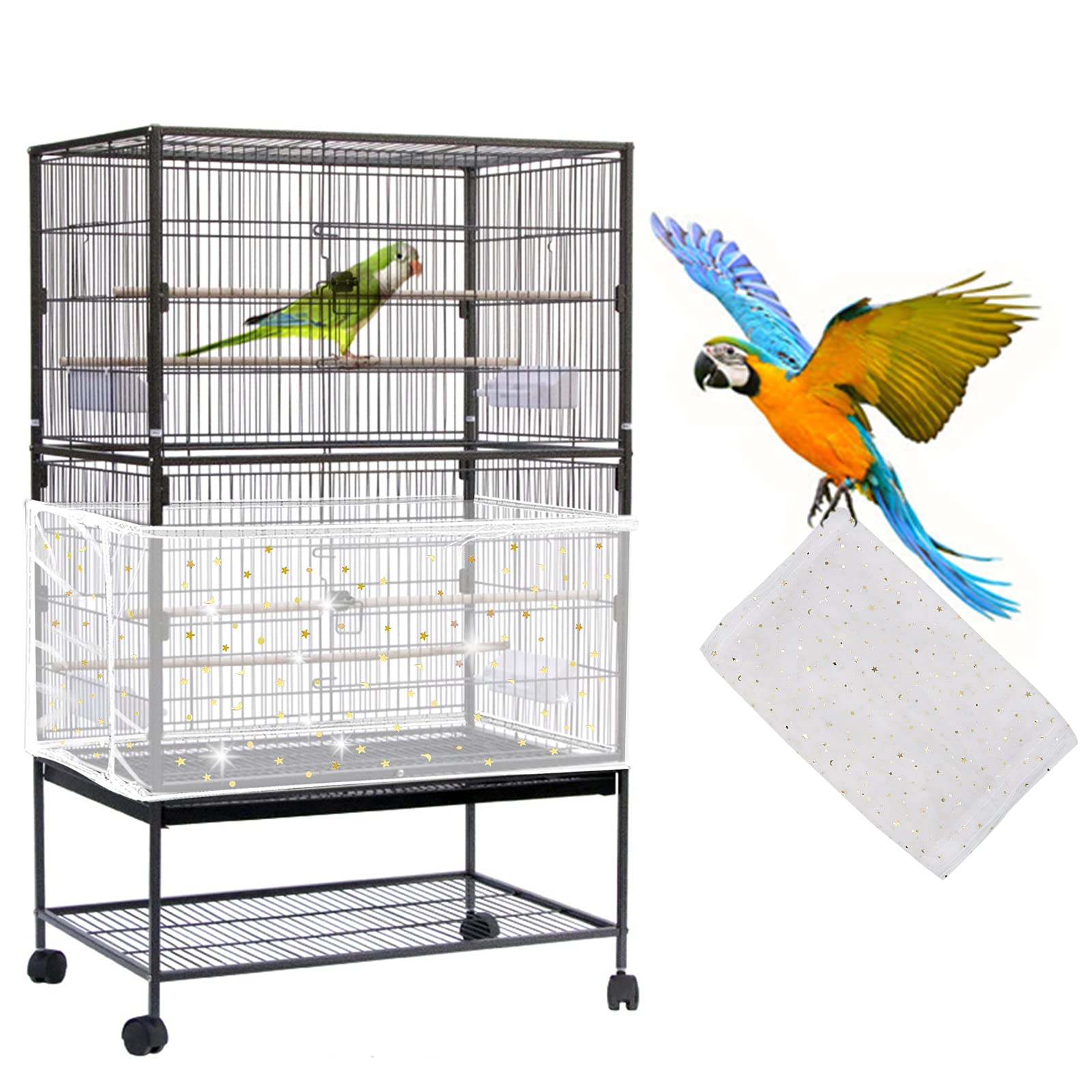 Daoeny Large Bird Cage Cover, Bird Cage Seed Catcher, Adjustable Soft Nylon Mesh Net With Twinkle Moon Star, Birdcage Cover Skirt Seed Guard For Parrot Parakeet Macaw Round Square Cages (White)