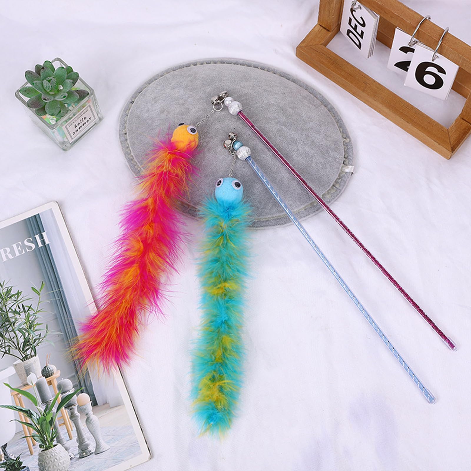 Andiker Cat Feather Toys, 2Pcs Cat Wand Toys With Bell&Plush Balls, 12In Colourful Interactive Kitten Teaser Toy, Funny Interact
