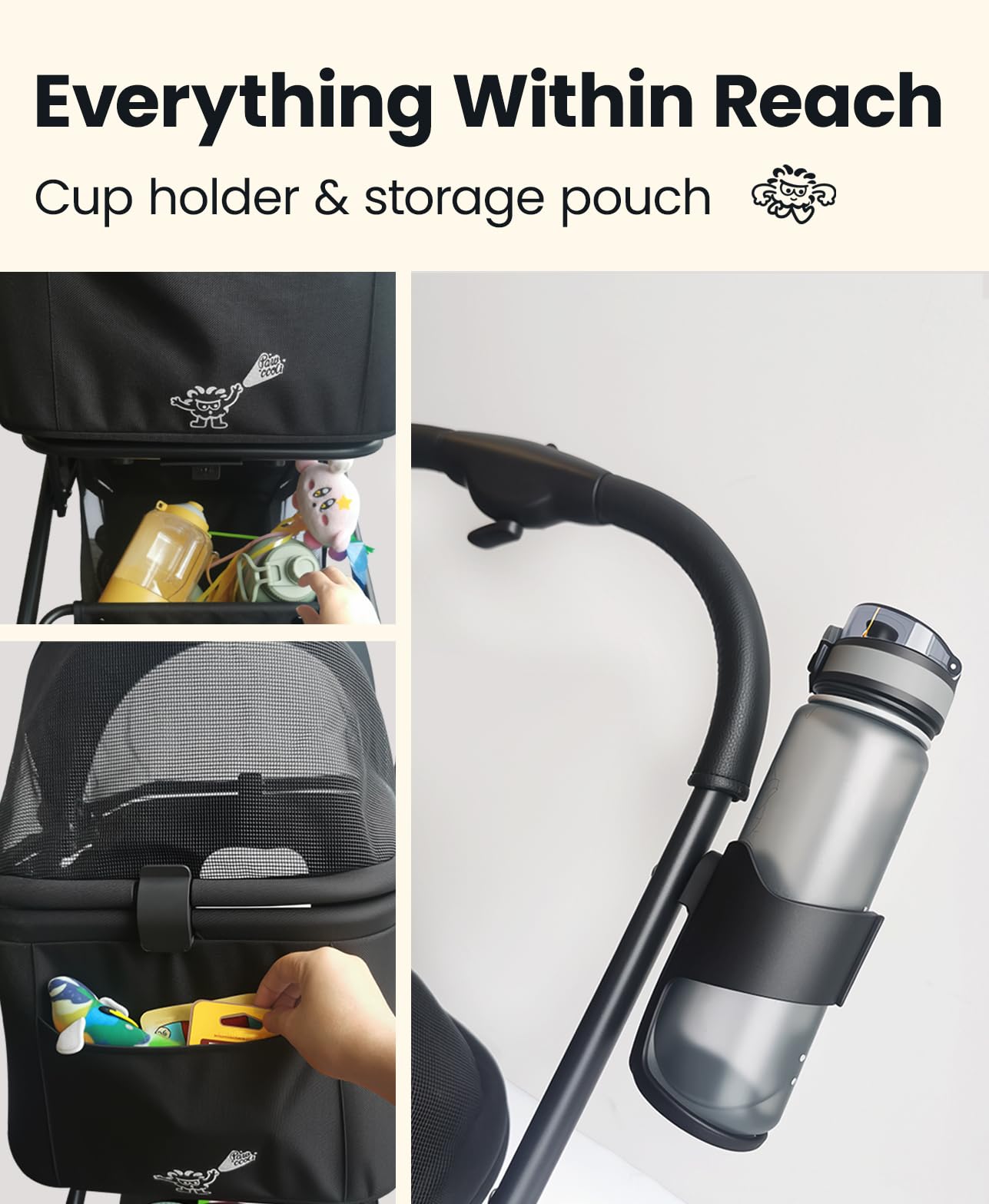 Pawccoli 4 Wheels Pet Stroller, Dog Stroller for Small/Medium Dogs and Cats up to 33 lbs, One-Click Fold & Draggable, Removable