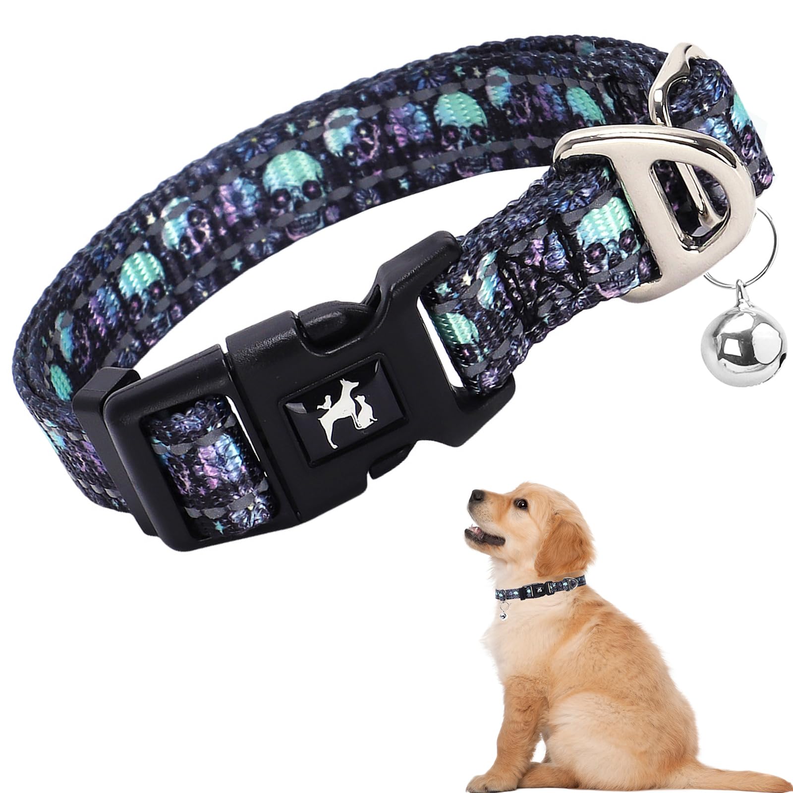 Reflective Puppy Collar With Bell For Small Dogs -Lightweight & Comfortable Soft Nylon Collars Gift For Boys Or Girls Dogs -Skul