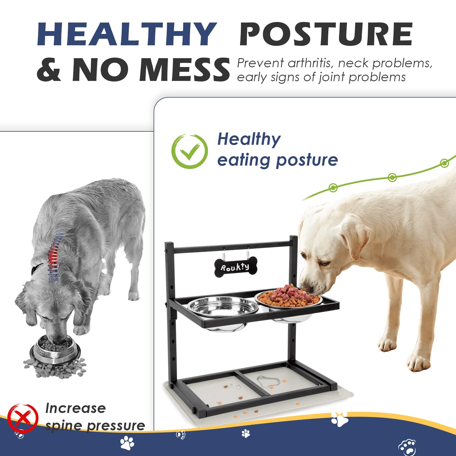 Adengl Elevated Dog Bowls With Slow Feeder, 5 Adjustable Heights, Anti-Slip, Durable Metal Frame, Spill Proof Mat, Rust-Resistan