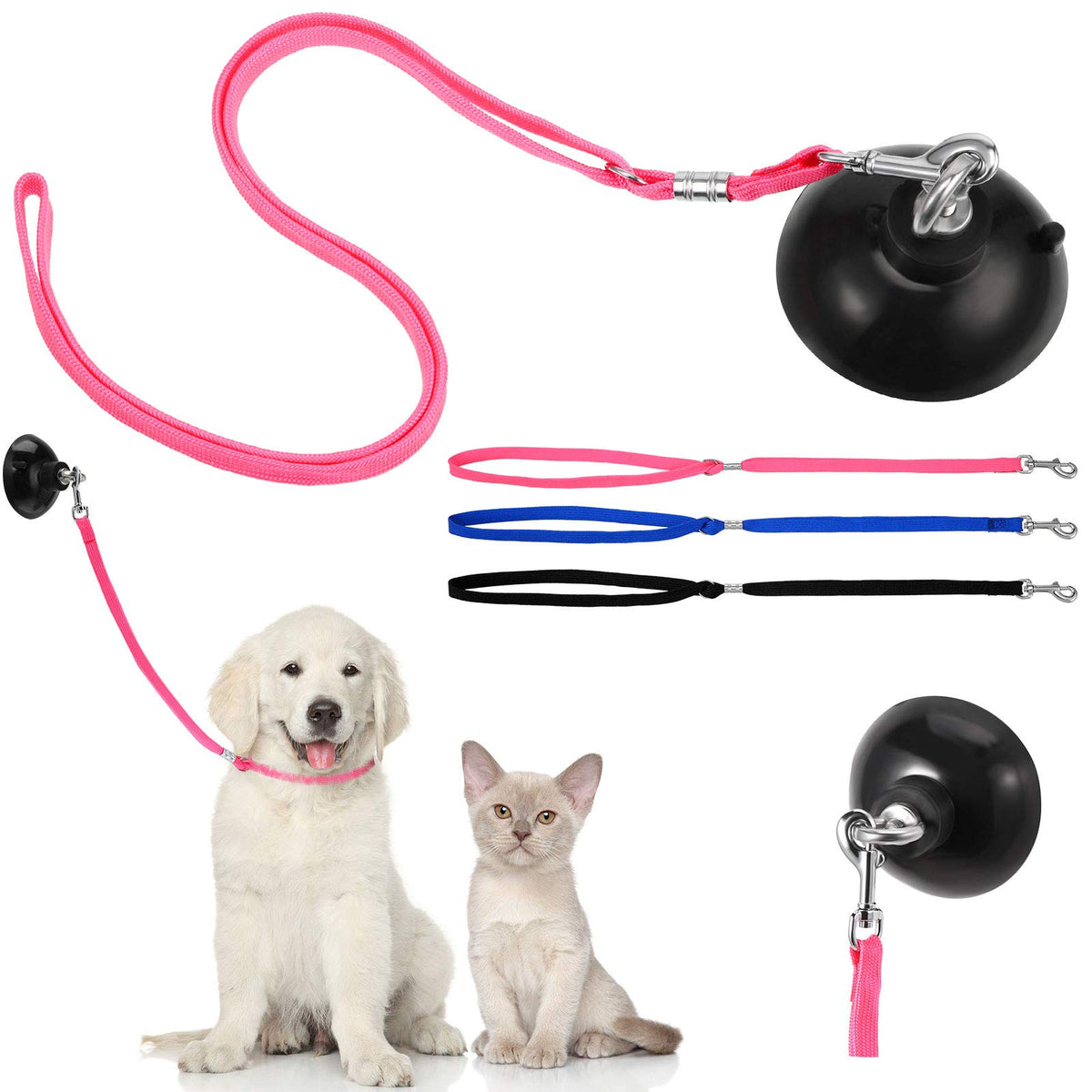 Frienda 4 Pieces Dog Bathing Tether With Suction Cup Pet Dog Grooming Tub Restraint Loops And Adjustable Cat Fixed Safety Rope For Pet Shower Bathing Grooming(Blue Black Pink)