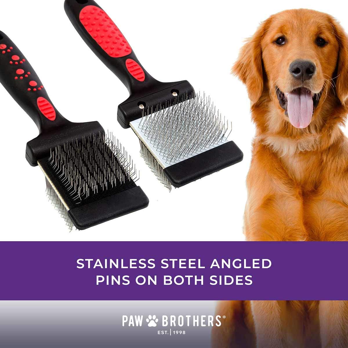 Ryan'S Pet Supplies Paw Brothers Double Sided Soft Flex Slicker Brush, Professional Grade, Angled Stainless Steel Pins, Comfort Grip, Flexible Head, Large