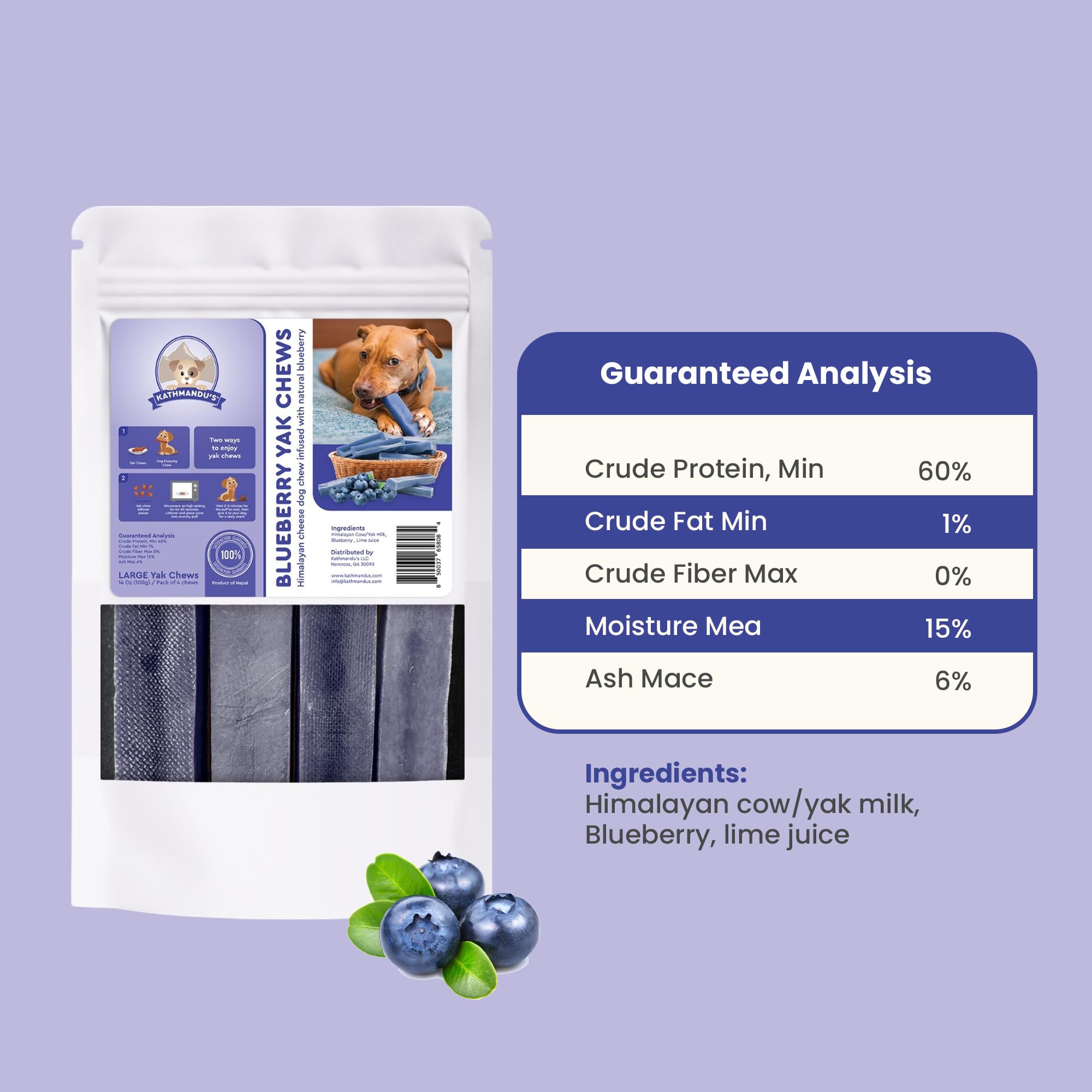 KATHMANDUS 100% Natural Blueberry Flavor Yak Chews - Keep Dogs Busy & Happy with Our Lactose & Rawhide Free Himalayan Dog Chews