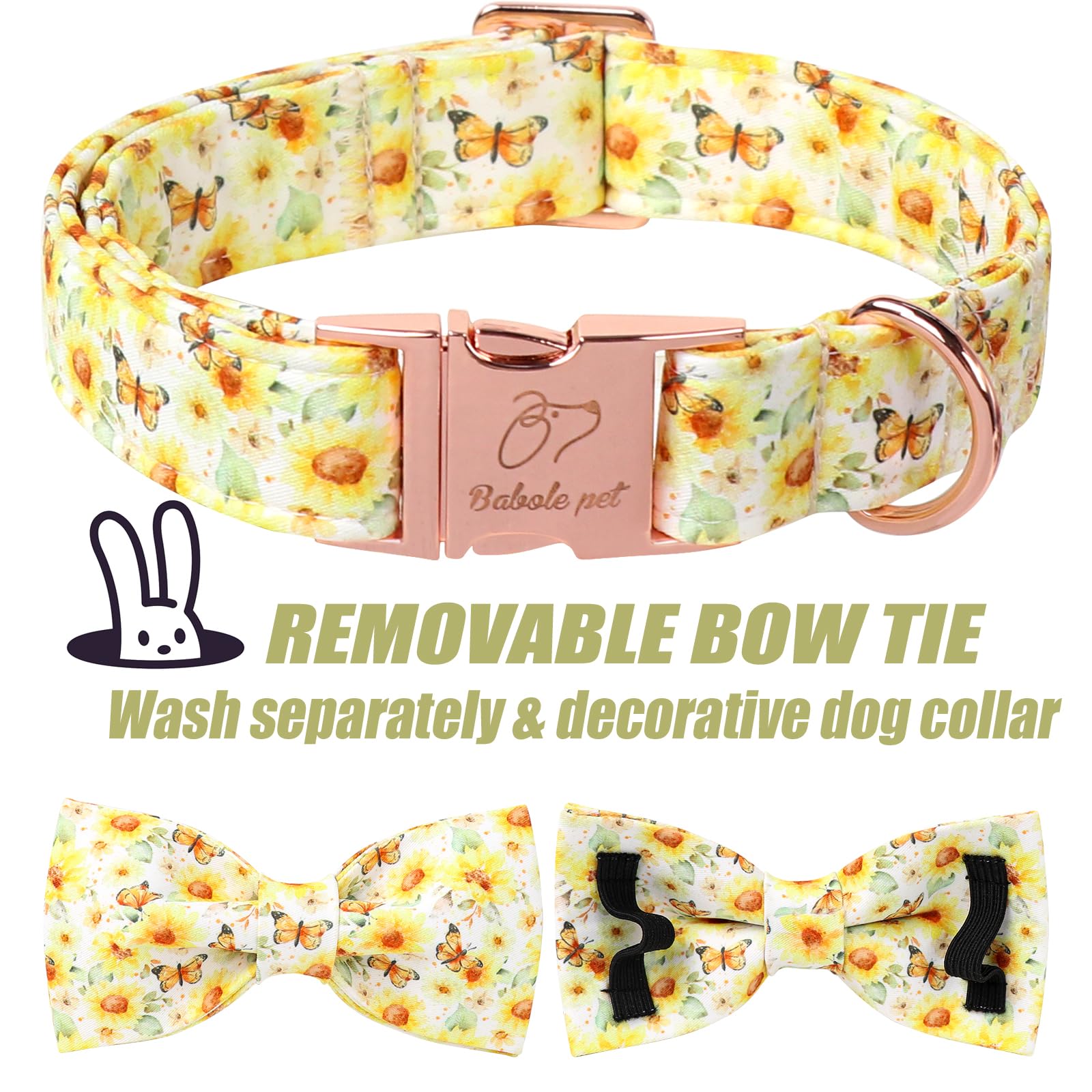 Babole Pet Floral Dog Collar With Bow Tie - Adjustable Yellow Sunflower Bowtie Collar Breathable Comfort Spring-Summer Dog Colla