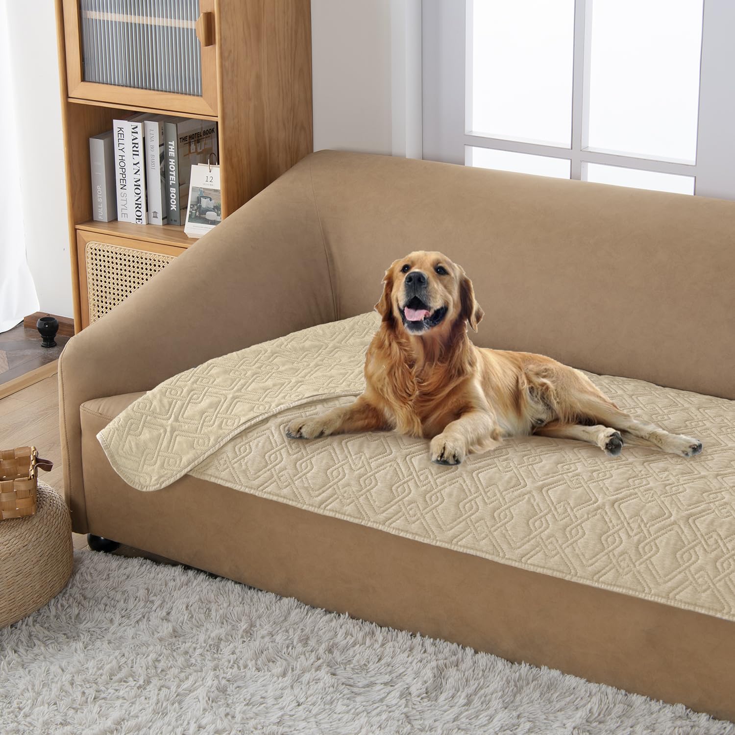 Fuguitex Waterproof Dog Bed Cover Dog Blanket For Pet Furniture Bed Couch Sofa Reversible Linen Texture(30''*53'',Wheat+Wheat)