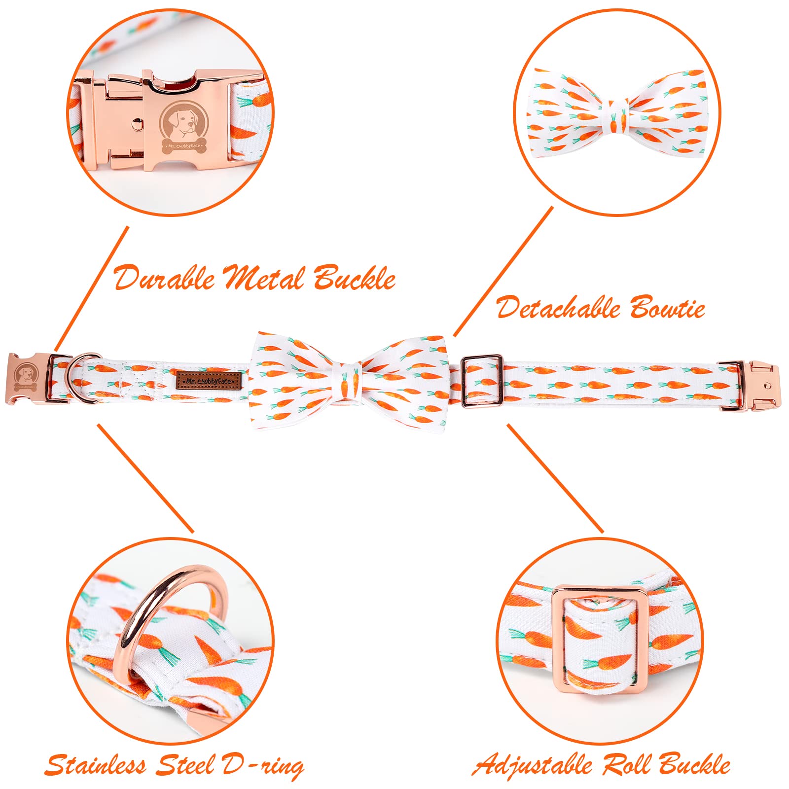 Mr.Chubbyface Orange Dog Easter Collar With Bow, Soft Cotton & Metal Buckle, Adjustable Size L, Gps Tracking, Unisex, Medium Bre