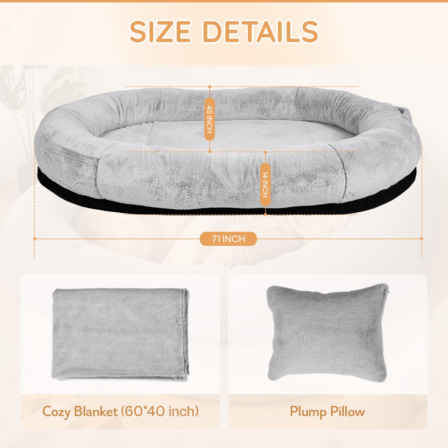 Human-Sized Dog Bed, 71'X45'X14', Washable Faux Fur Orthopedic Bean Bed With Storage Pocket, Grey