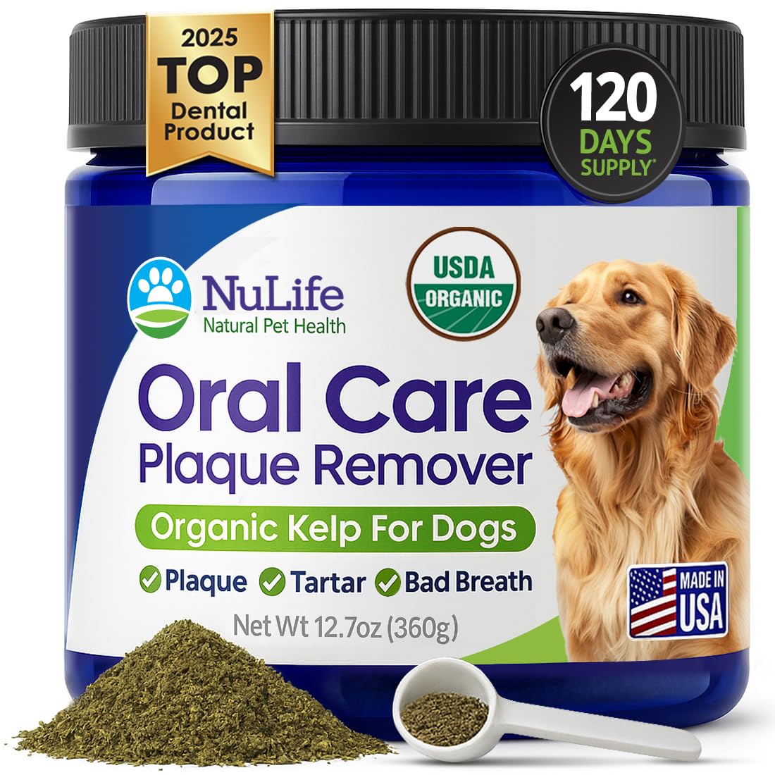 Dog Teeth Cleaning Powder, Dog Plaque and Tartar Remover, Bad Breath Treatment for Dogs with USDA Organic Sea Kelp Powder, Dog D