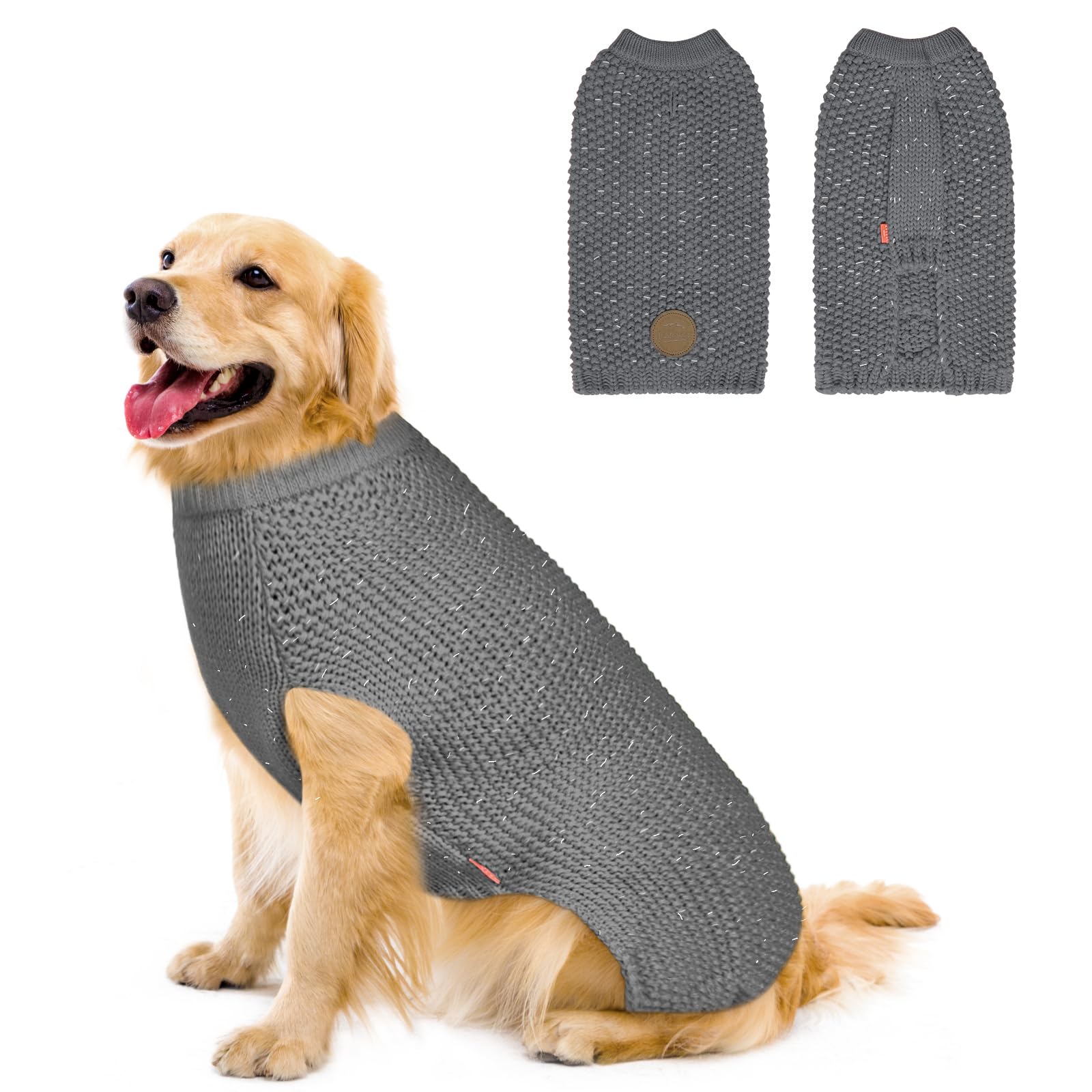 Kyeese Comfy Dog Clothes - Warm Dog Sweater With Leash Hole, Reflective Yarn, Grey, 2Xl